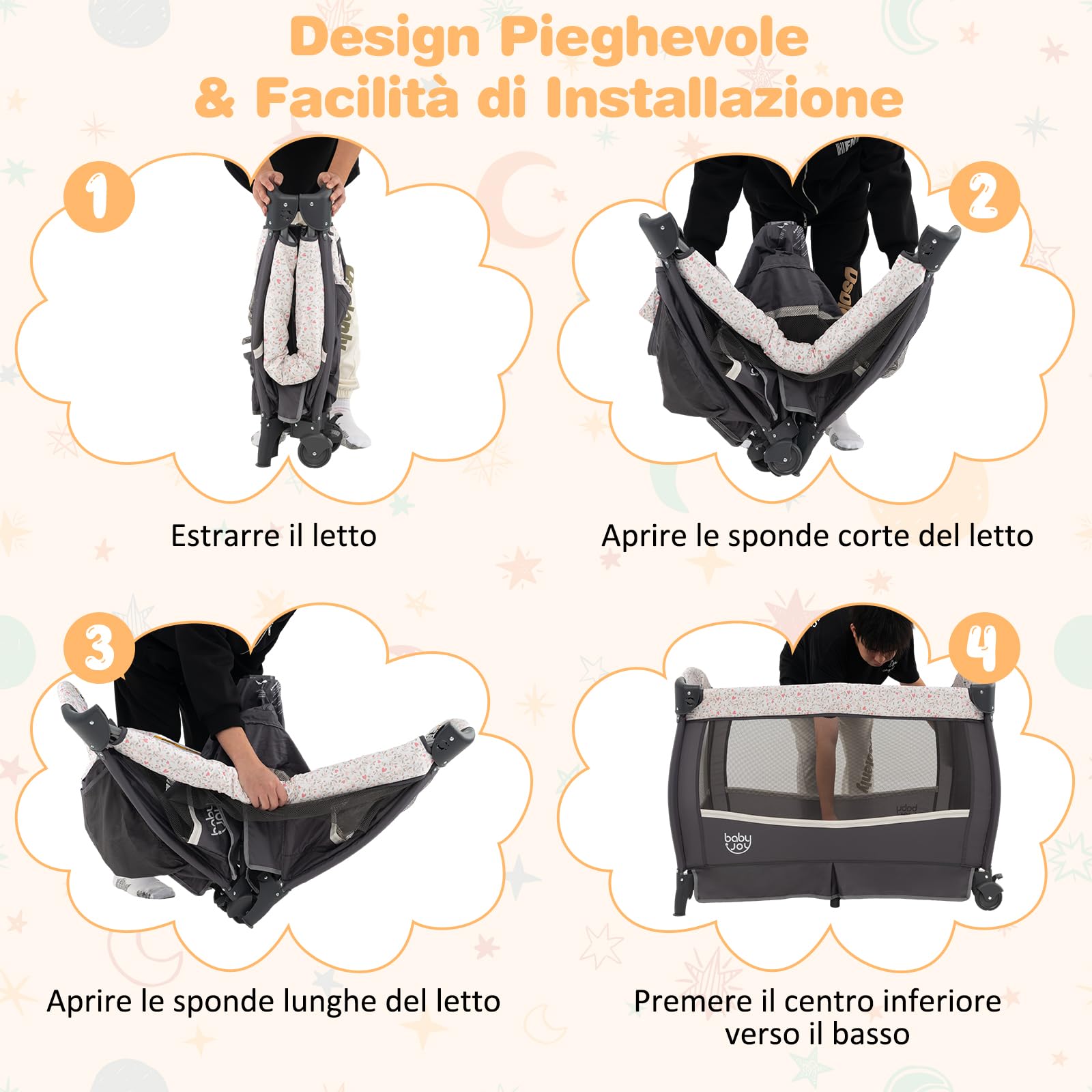 GYMAX Lettino Pieghevole con Baldacchino Regolabile, Box per Bambini 0-3 Anni, Carillon Musicale, Ruote Bloccabili, Lettino da Viaggio con Culla, Fasciatoio, Materasso e Borsa da Trasporto (Marrone)
