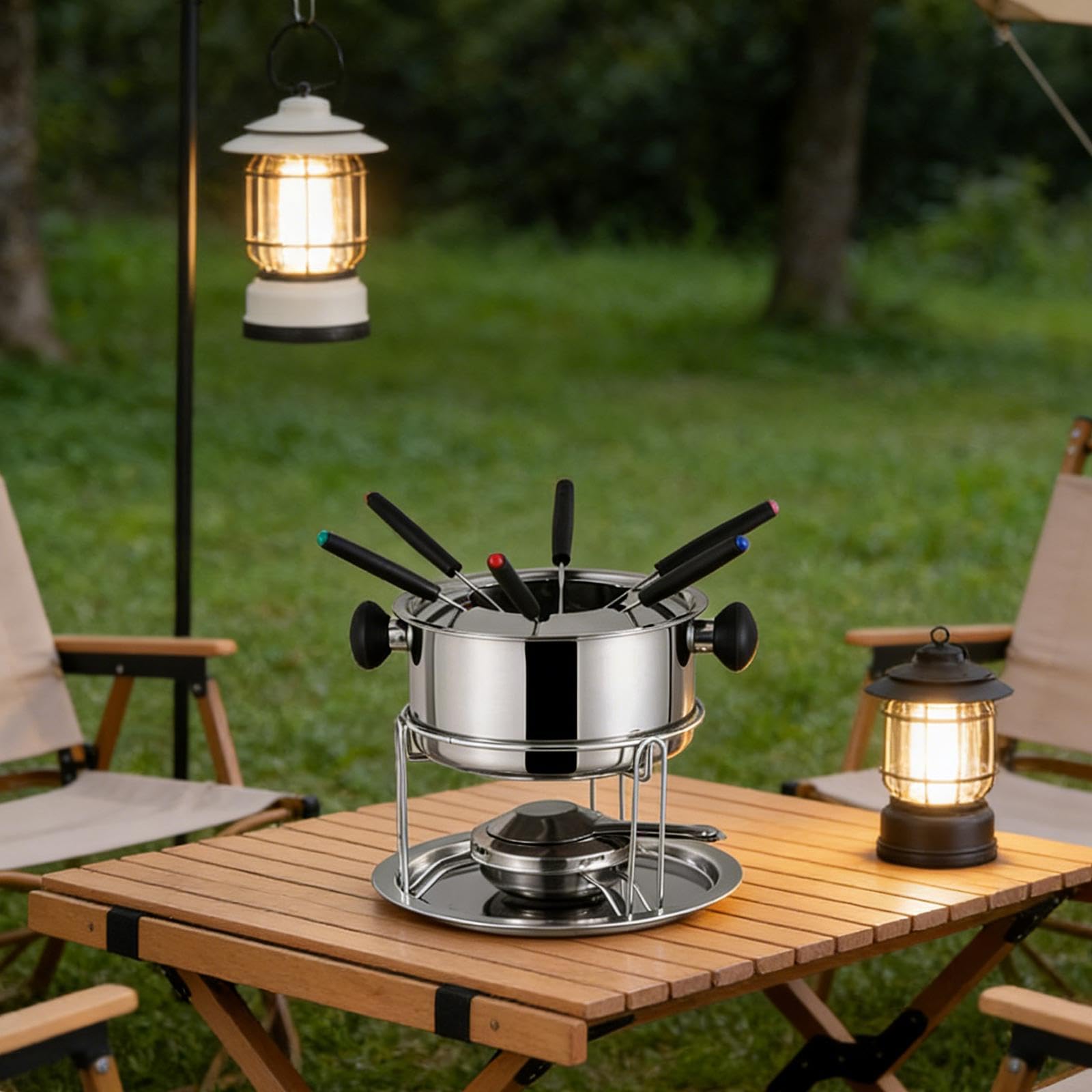 F Fityle Caquelon à fondue au chocolat avec fourchettes, chauffe-beurre portable en acier inoxydable, idéal pour fondre le chocolat lors d'un anniversaire,