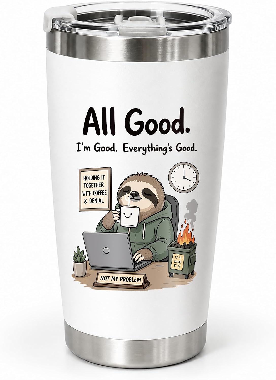 Funny Sloth Tumbler, 20oz Insulated Coffee Travel Mug Gift for Office Work