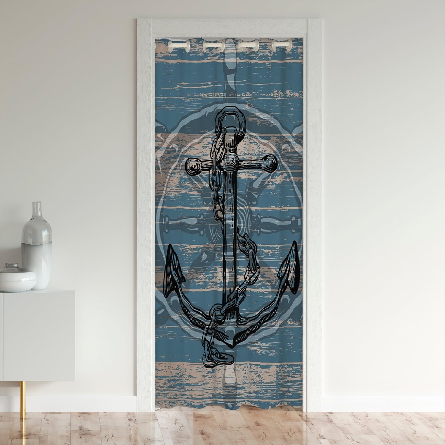 Rideau de séparation de pièce avec ancre noire - Rideau de porte nautique pour porte d'intimité pour enfants, garçons et filles - Panneau de porte en bois bleu marine - Pour chambre à coucher, salon,