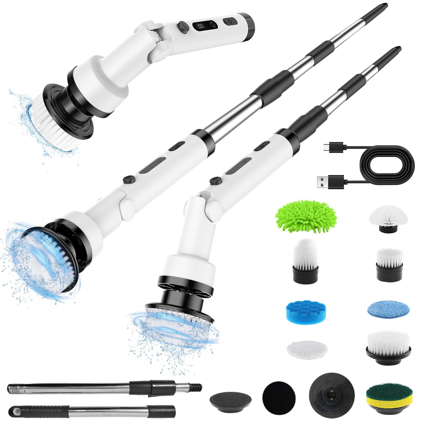 Electric Cleaning Brush, Electric Spin Scrubber Cordless with 9 Interchangeable Brush Heads, Tub Mop Set, Electric Cleaning Brush with Handle 37-140 cm for Bathroom, Kitchen, Car, Floor (9 Set-A)