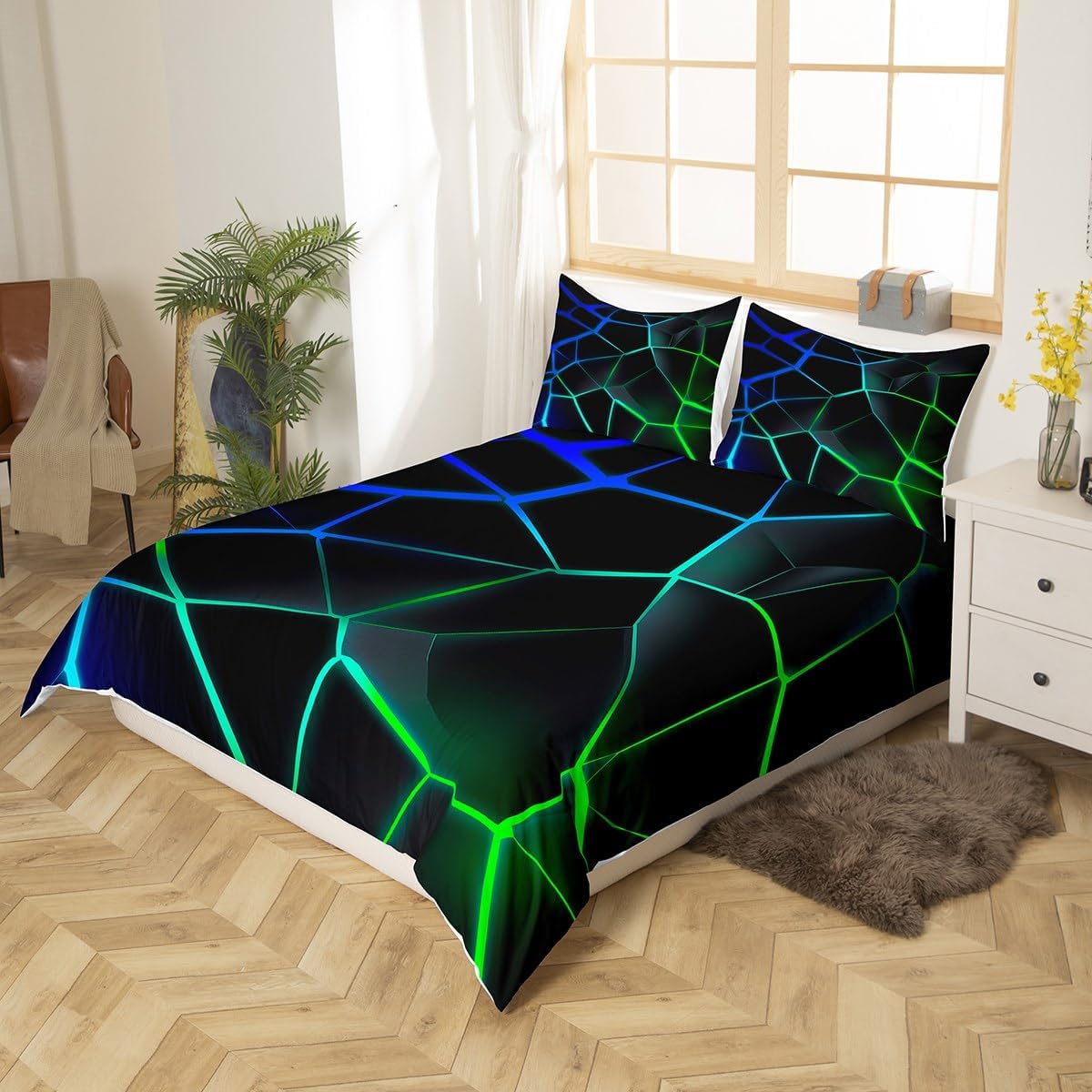 Geometric Honeycomb Bedding Set Green Blue Stereoscopic Hexagon Comforter Cover for Kids Boys Girls Beehive Hexagon Duvet Cover Geometric Bed Set Room Decor Quilt Cover Queen Size (No Comforter)