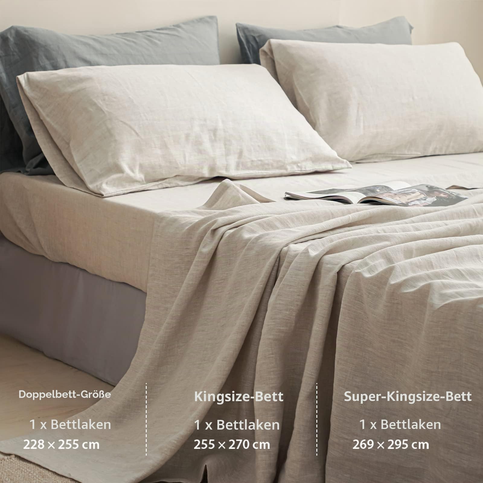 Simple&Opulence Bettlaken 100% Leinen Wäsche, Ultraweiche, Atmungsaktive Bettwäsche für Bauernhäuser, nur 1 Bett Laken (228cm x 255 cm, Leinen)