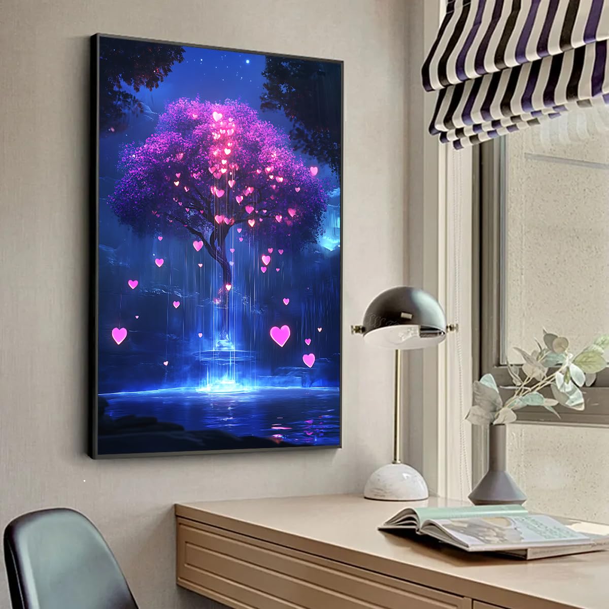 Via Vela Arbre romantique Toile Art mural Fantasy Paysage nocturne Affiches Peinture Amour Coeur Impressions Paysage mystique Murale Oeuvre pour salle d’étude Décor 80x120cm avec cadre noir