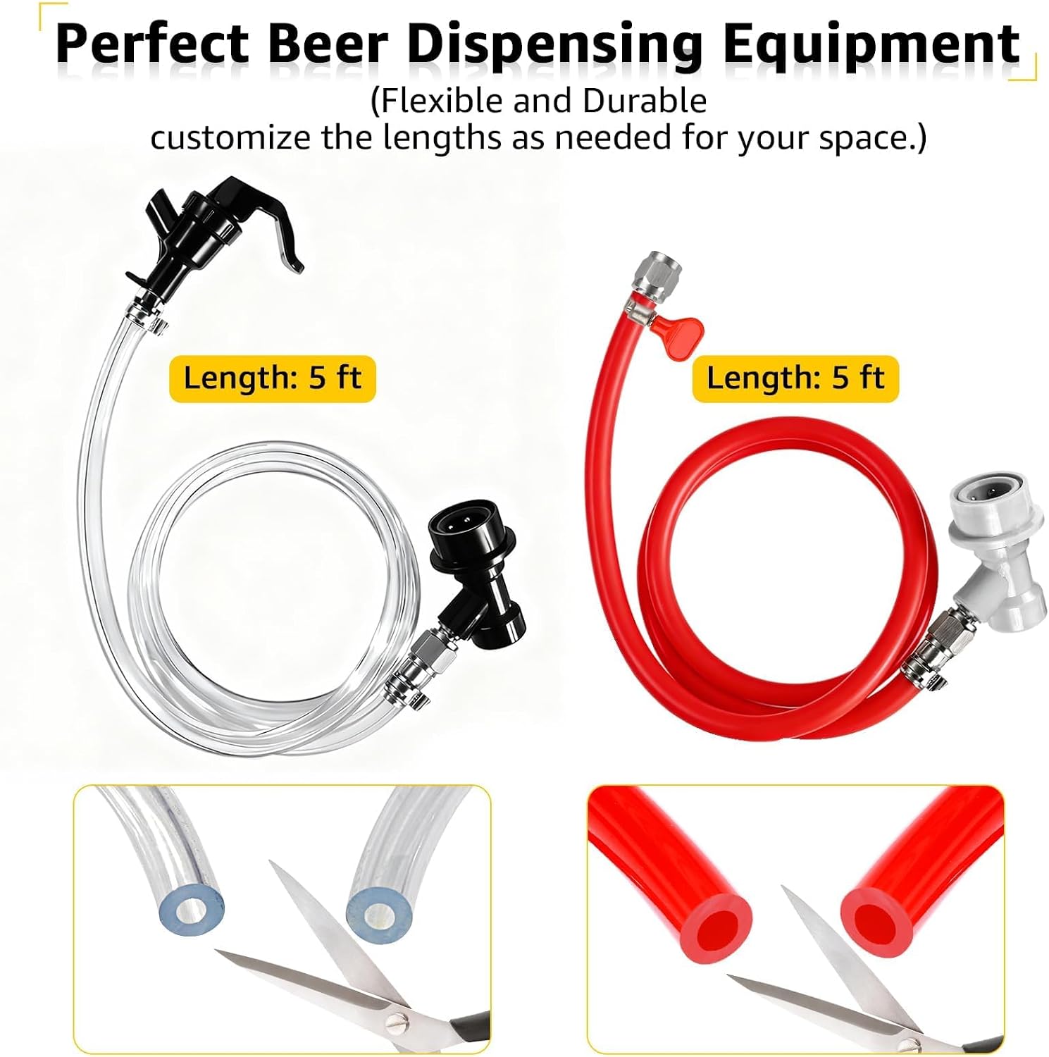 5FT 5/16" Ball Lock Beer Line Tubing & 5FT 5/16" CO2 Gas Line Assembly Kit with Picnic Tap, Ball Lock Keg Fittings- Food Grade PVC Ball Lock Beer Gas Line Draft Beer Kegerator Parts for Home Brewing