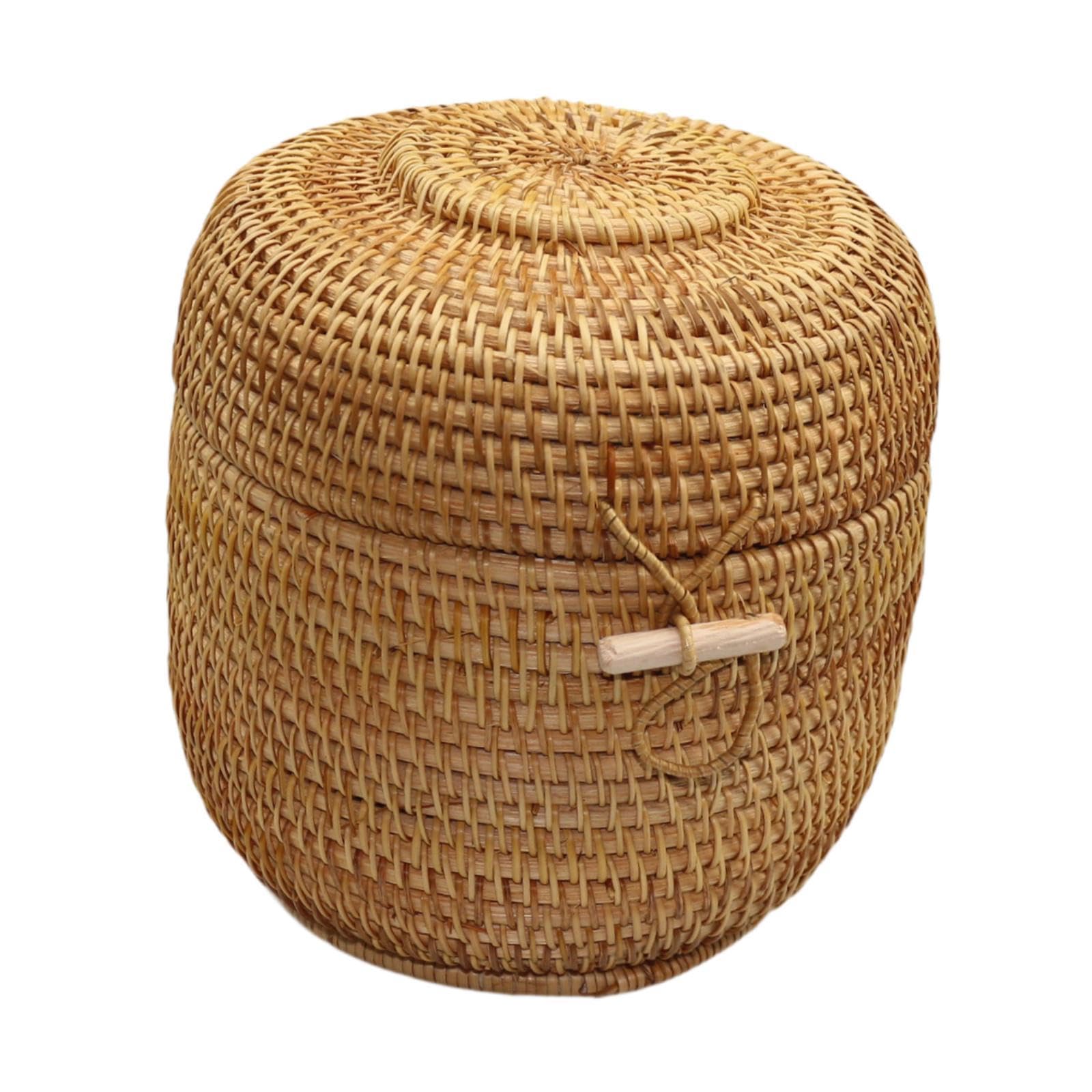 Bothyi Hand Woven Serving Bowl Basket, Round Rattan Box with Cover, Rattan Woven Basket for Candy, Tea, S