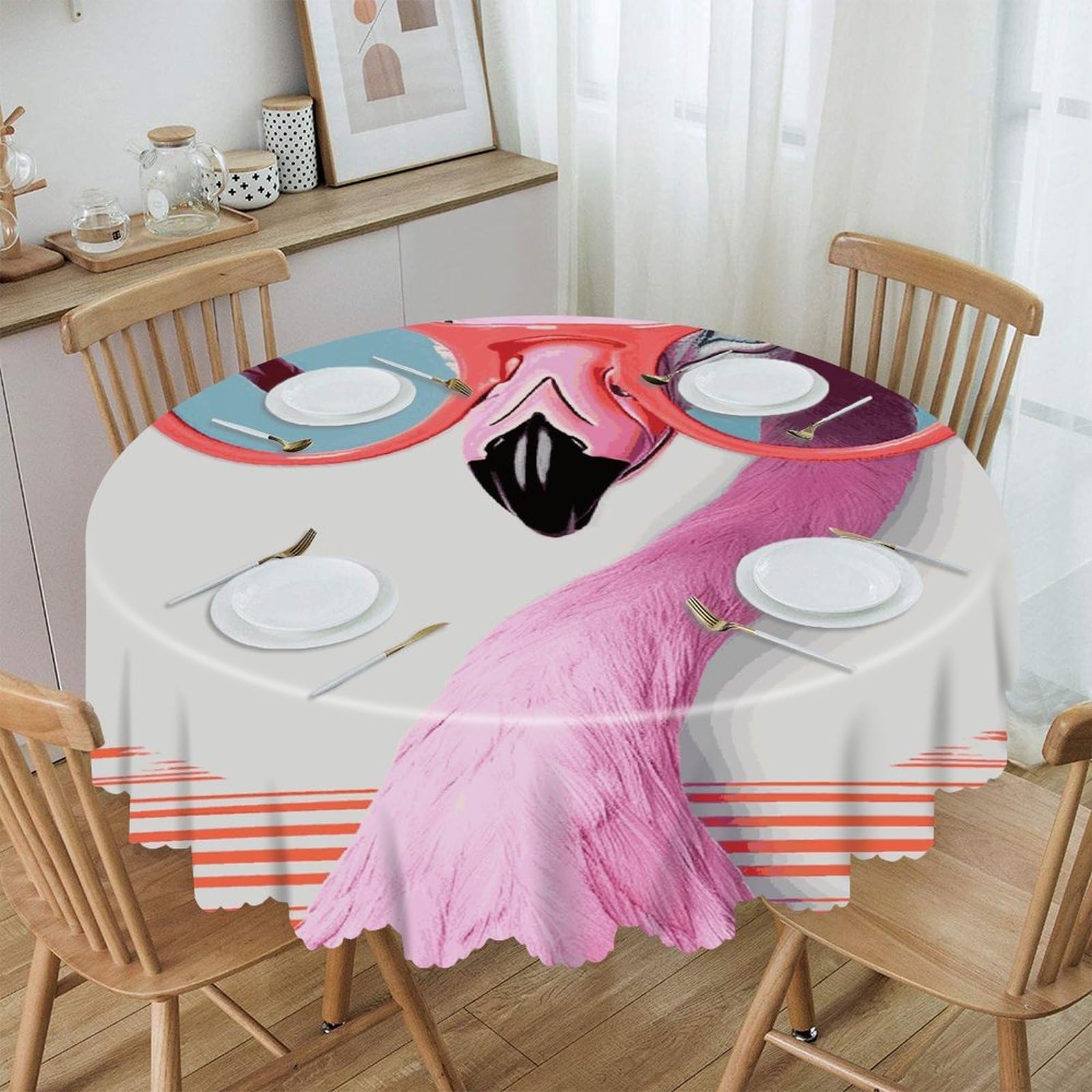 Btcowzrv Style Hello Glasses Flamingo Polyester Round Tablecloth 59.84 Inch, Decorative Washable Table Cover, Table Cloth For Restaurant Picnic Indoor And Outdoor Dining
