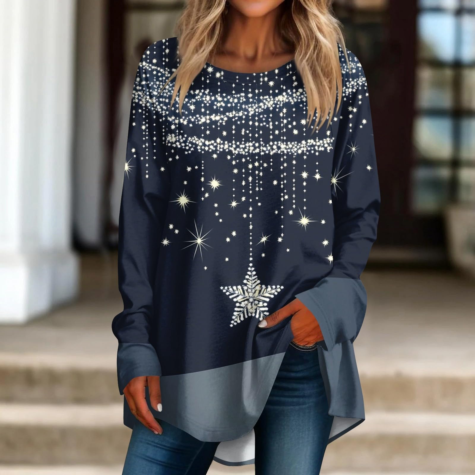 Pullover Weihnachten Damen, Outfit Weihnachtsfeier Damen Blusentops Longsleeve Geburtstag Modern T Shirt Übergrößen Chirstmas Schneeflocke Tshirts, Geschenke für Frauen Weihnachten