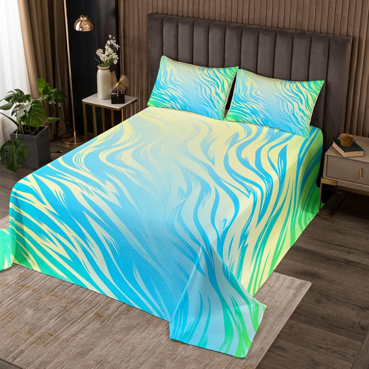 Erosebridal Teal Cheetah Skin Quilt Set Leopard Print Queen Bedspread Set | Spotted Pattern Art Coverlet Sets Wild Animal Skin Texture Quilted