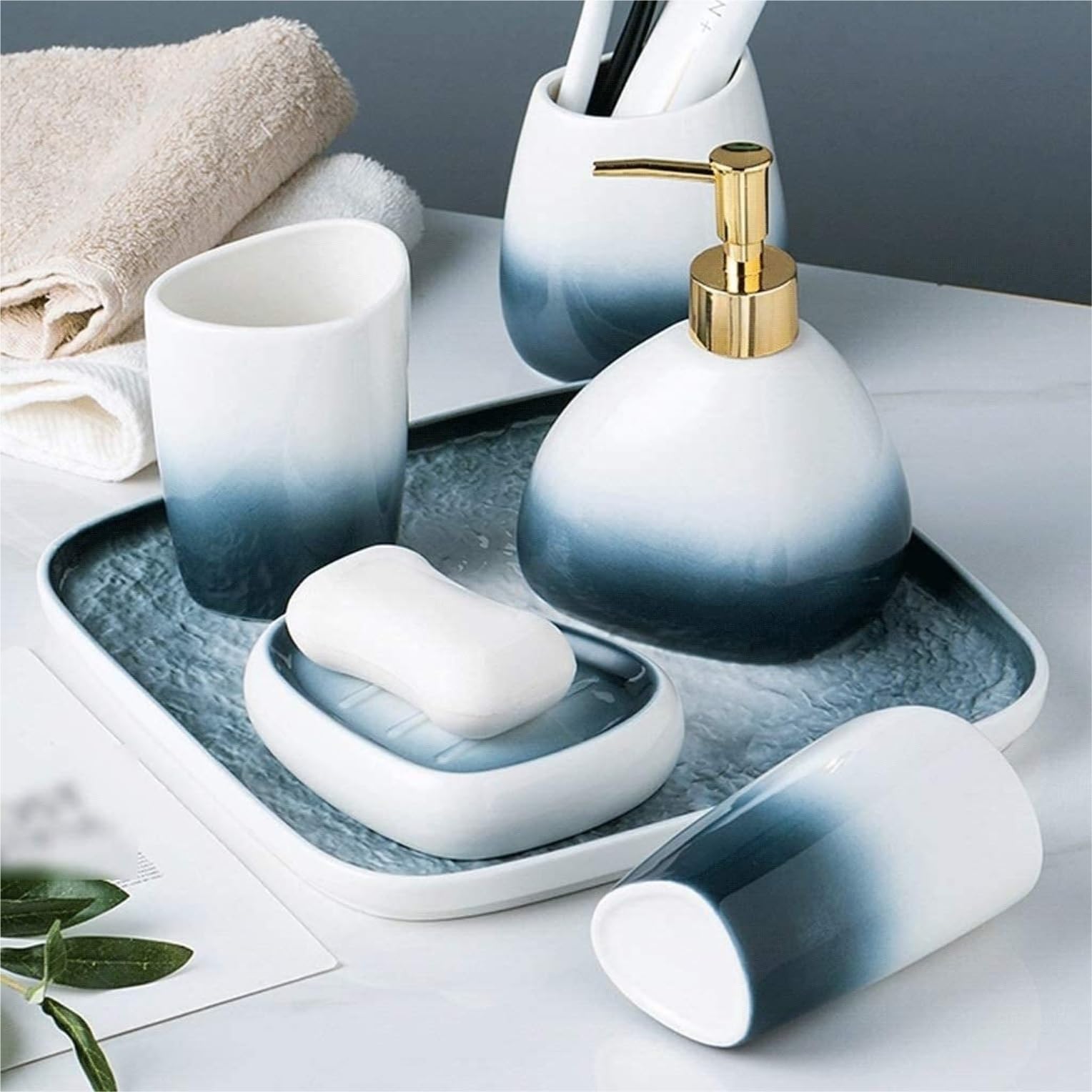 Dozownik do balsamu, Zestawy akcesoriów łazienkowych dozowników, 5-częściowy ceramiczny kubek na mydło w stylu retro, uroczy uchwyt szczoteczki zębów