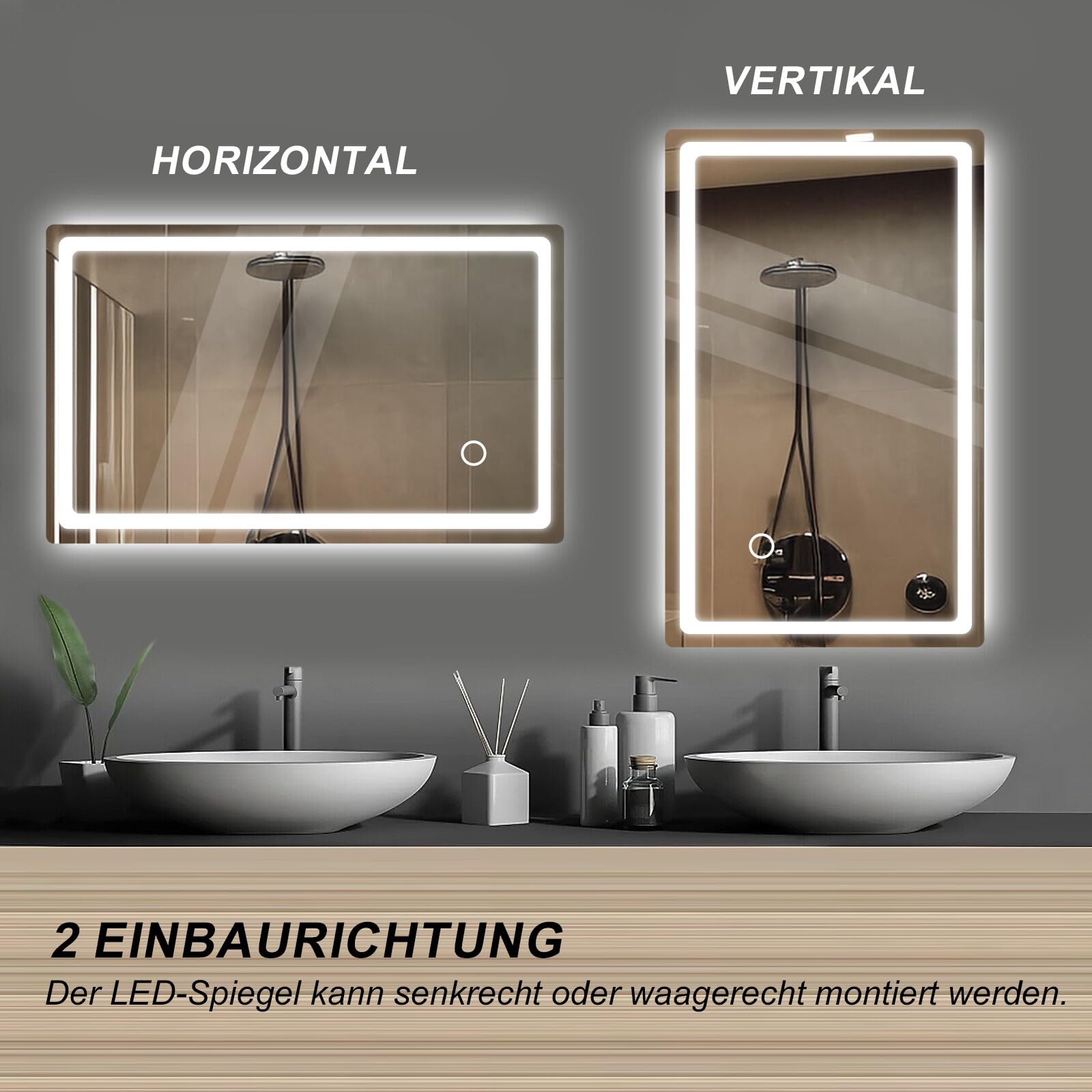 Badspiegel mit Beleuchtung, 40x60cm Wandspiegel mit Stecker, Kaltweiß | Spiegel mit Licht für das Badezimmer, Badezimmerspiegel fürs Bad mit Touch-Schalter 6000K