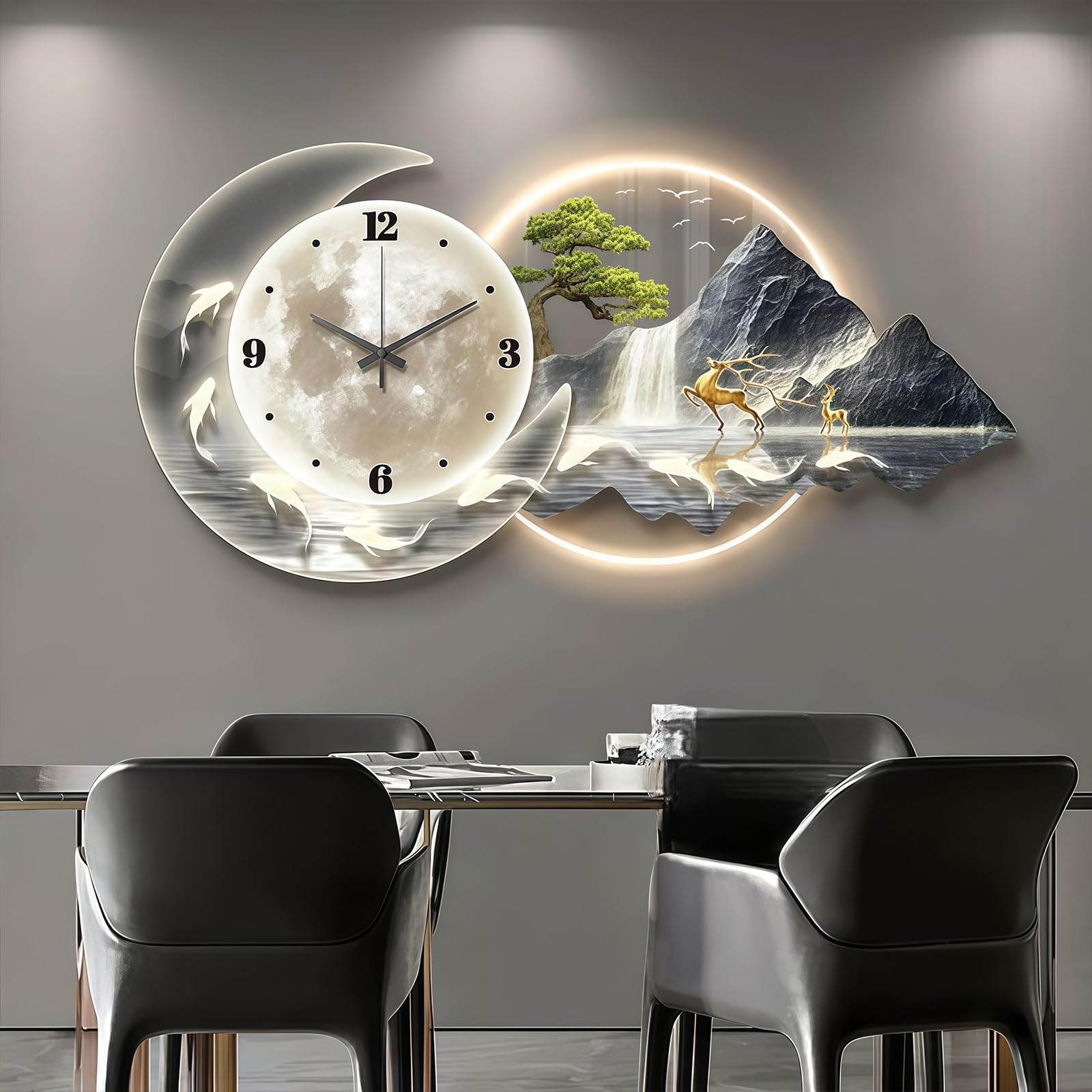 Horloge murale design moderne LED avec grande sculpture 3D paysage