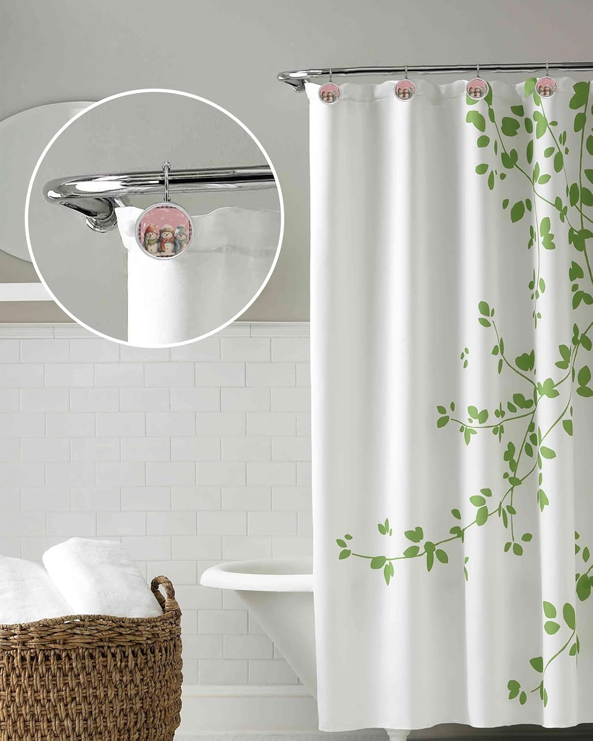 Snowman Shower Curtain Hooks, Christmas Winter Pink Snowflake Buffalo Plaid 12PCS Shower Curtain Hooks Rings for Bathroom Stainless Steel Rust Resistant Shower Curtain Hangers