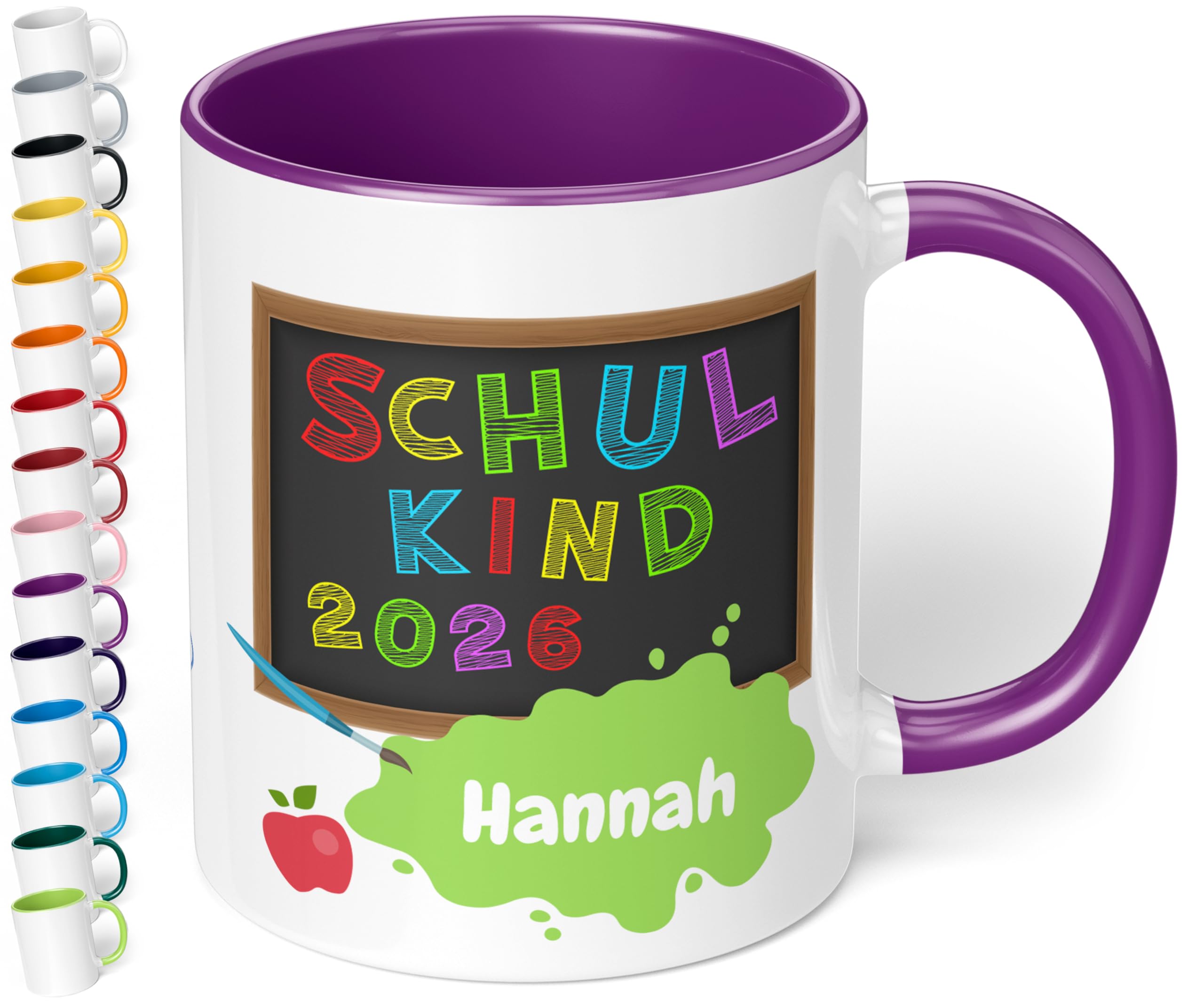 Geschenk zur Einschulung für Mädchen und Jungen: „Schulkind 2026“ - mit TAFEL-Motiv - personalisierte Tasse mit Namen für Erstklässler - kleines Geschenk für Schüler 1. Klasse, Violett