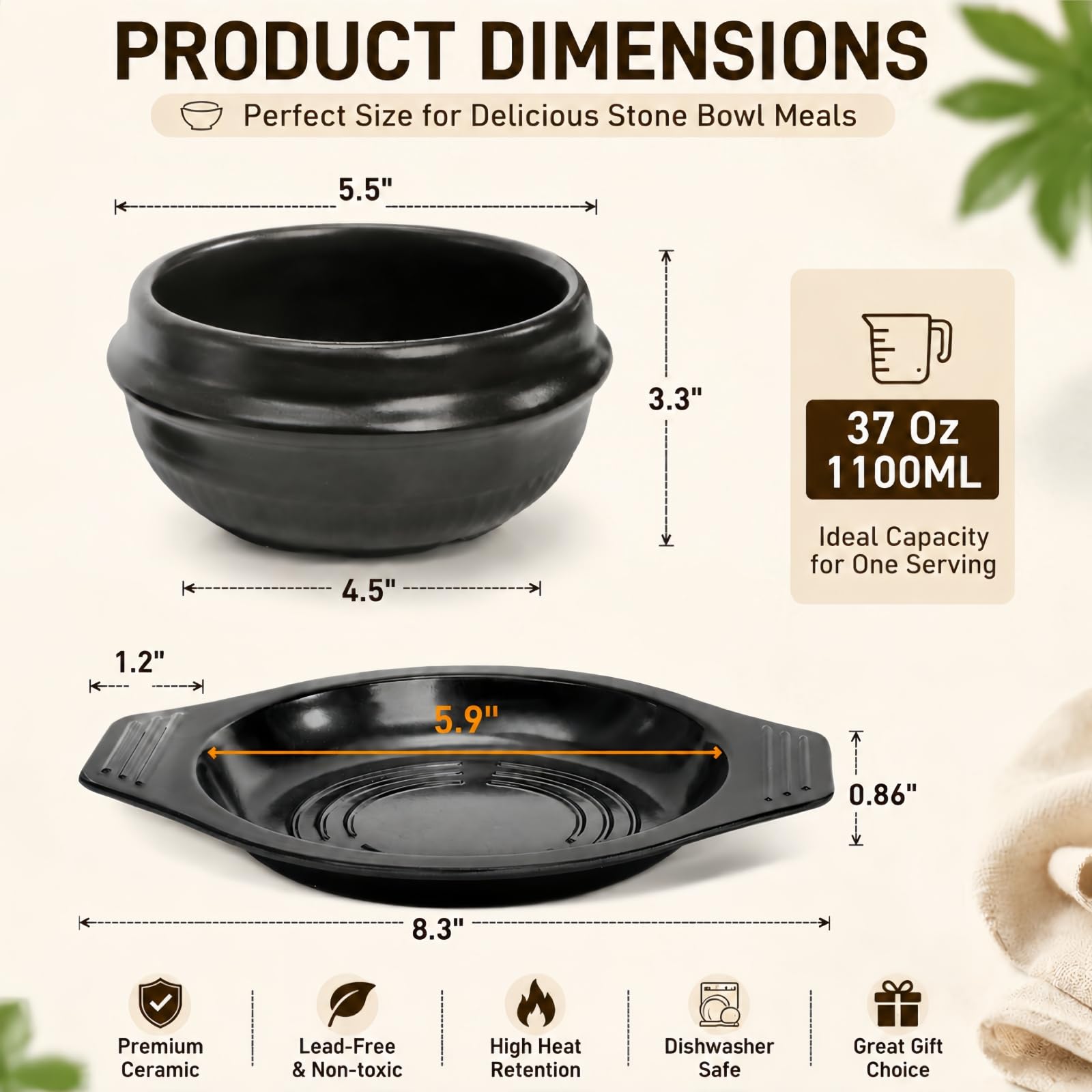 Bol en pierre coréenne de 1 050 ml avec plateau | Dolsot Bibimbap Ensemble de casseroles en céramique pour restaurants, riz, soupe, nouilles