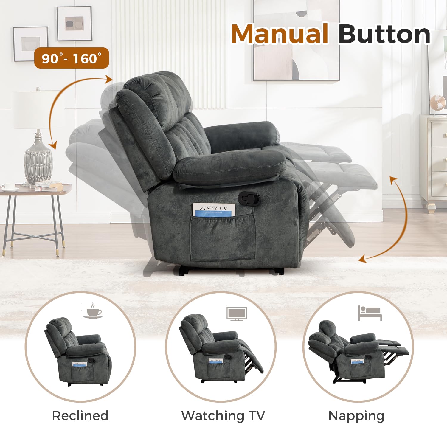 Manual Recliner Set Overstuffed Chair Wall-Hugger 3-Seat Loveseat Sofa Grey 1+3 image 5