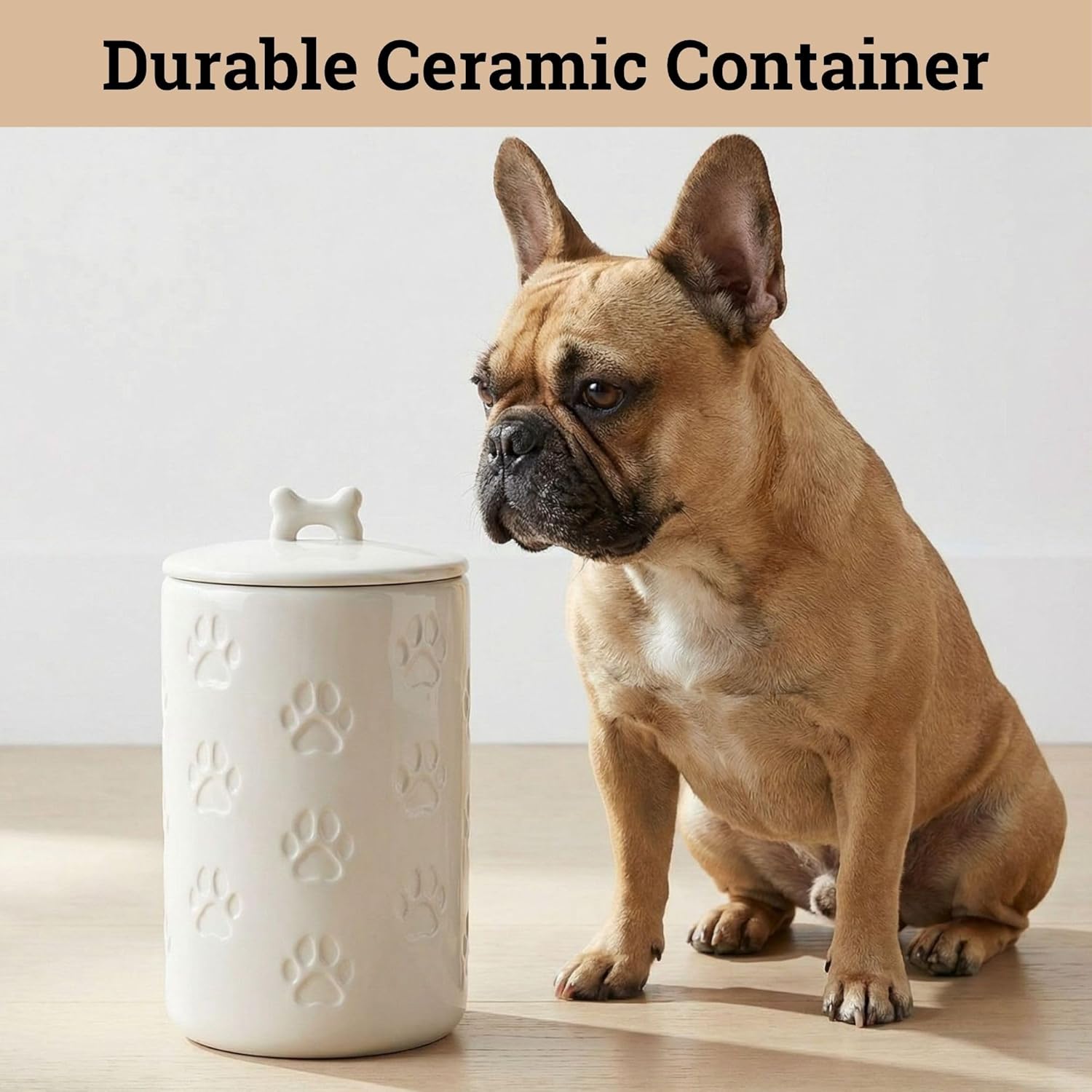 Dog Treat Container Airtight - 5 Inch Wide x 9 Inch Tall Ceramic Dog Treat Jar for Kitchen Counter with Airtight Lid - 7 Cup Capacity Pet Treat Container - Cute Doggie Cookie Jar - Big Treats Canister