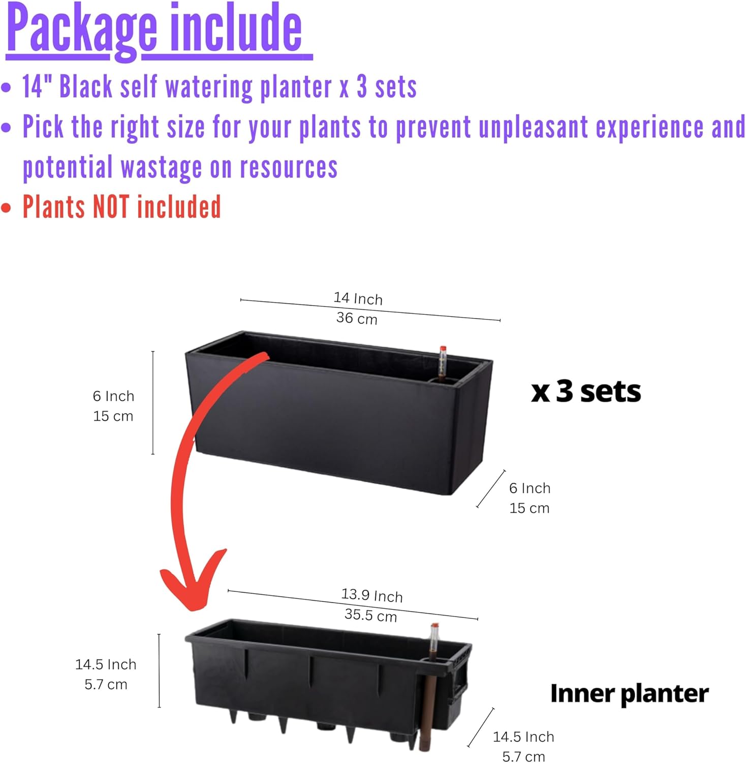 LaLaGreen Planter Box for Indoor Plants (14 Inch, 3 Pack) Black Rectangular Self Watering Flower Pot, Window Boxes Planters with Drainage Decorative Modern Balcony Windowsill Herb Home Garden Kitchen