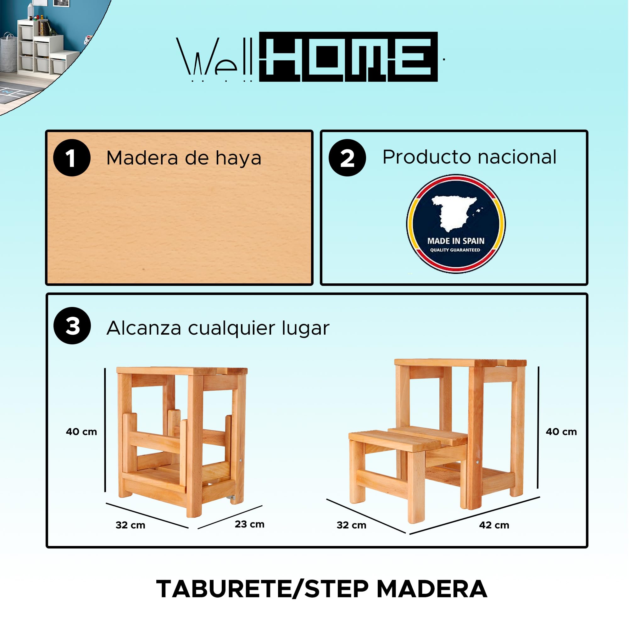Well Home MOBILIARIO & DECORACIÓN Taburete Escalera 2 peldaños Fabricado en Madera, Acabado en Aceite, 32x23x40 cm