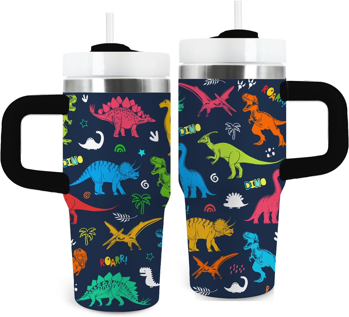Dinosaur Tumbler Gifts, 14oz Dinosaur Themed Tumbler with Handle and Straw, Stainless Steel Double Wall Vacuum Insulated Cup Keep Hot Cold - 14oz Travel Mug with Lid Tumblers for Home Work Outdoor Use