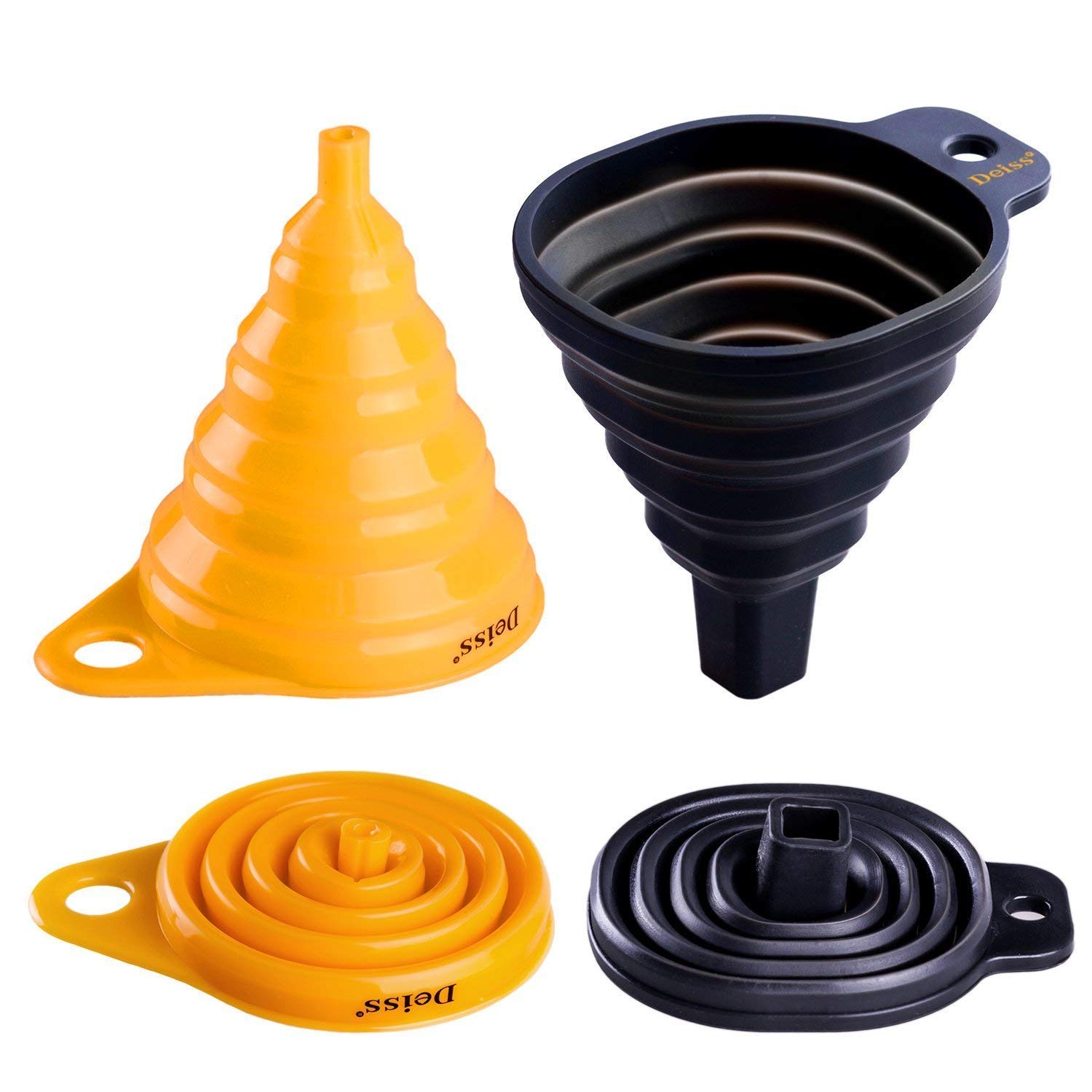 Deiss PRO Silicone Kitchen Funnel Set - Rounded & Squared Funnels for Filling Bottles - Food Grade, BPA Free, Dishwasher Safe Small Funnels - Set of 2 Yellow and Black Silicone Funnels