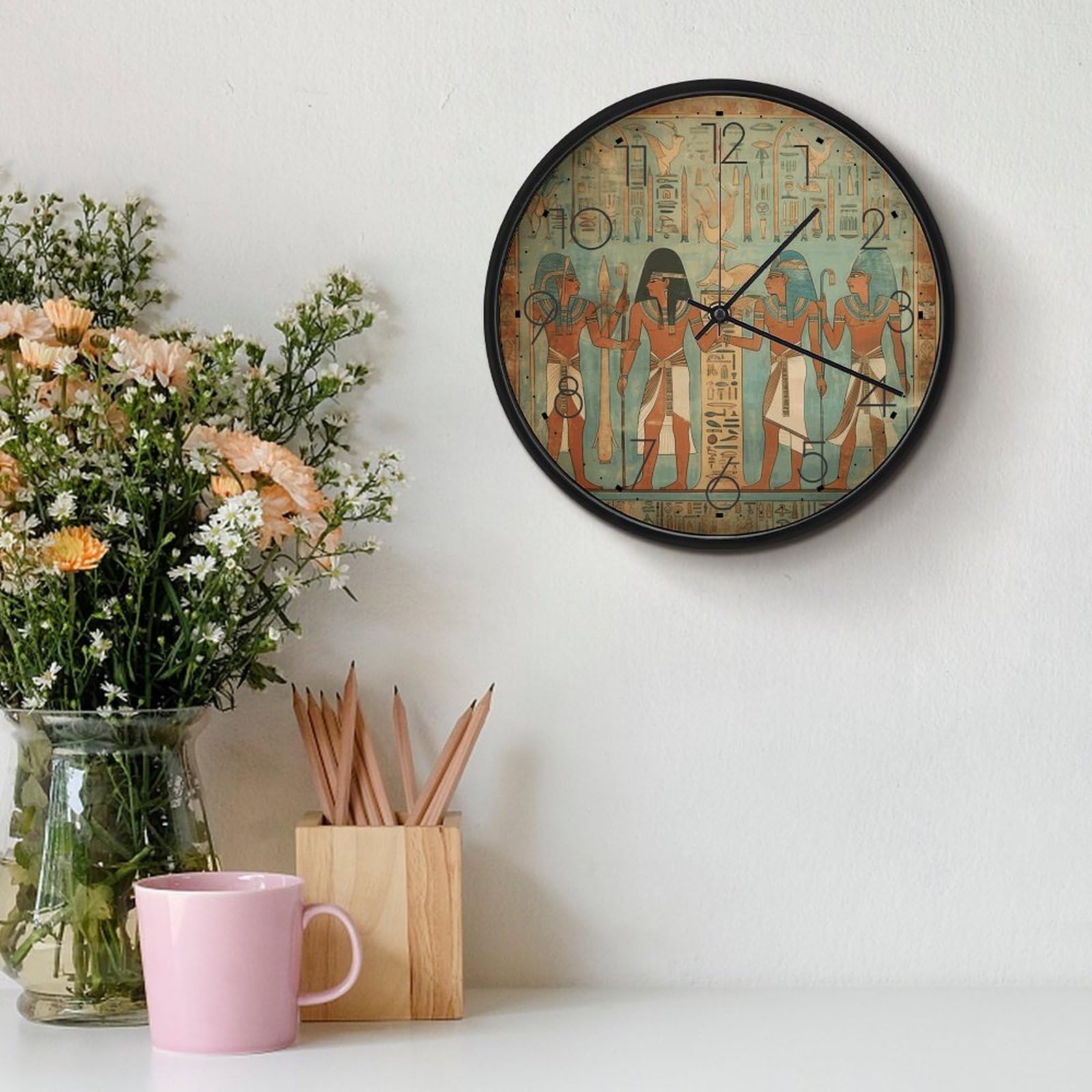 Orologio da parete da donna nell'antico Egitto, silenzioso, senza ticchettio, orologio moderno a batteria, rotondo, analogico, classico, per camera da letto, cucina, ufficio