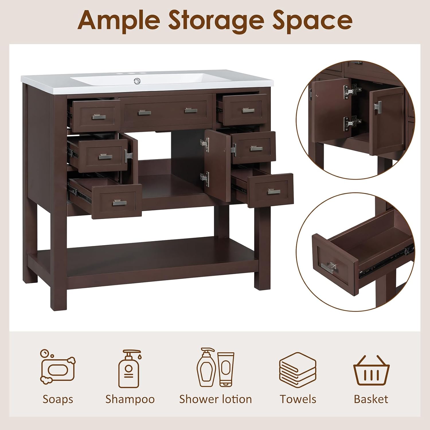 36" Modern Bathroom Vanity Sink Combo, Freestanding Bathroom Storage Cabinet with White Ceramic Countertop Sink Bathroom Vanity Set with 2 Soft Closing Doors and 6 Drawers for Apartment Dorm, Brown