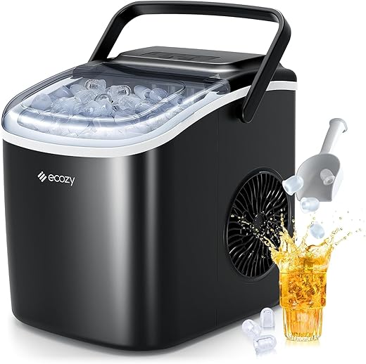 ecozy Ice Maker Machine Countertop, 9 Ice Cubes in 6 Mins, 12KG in 24Hrs, 2 Sizes of Ice, Self-Cleaning with Ice Bags, Scoop, and Basket for Kitchen, Office, Bar, Party