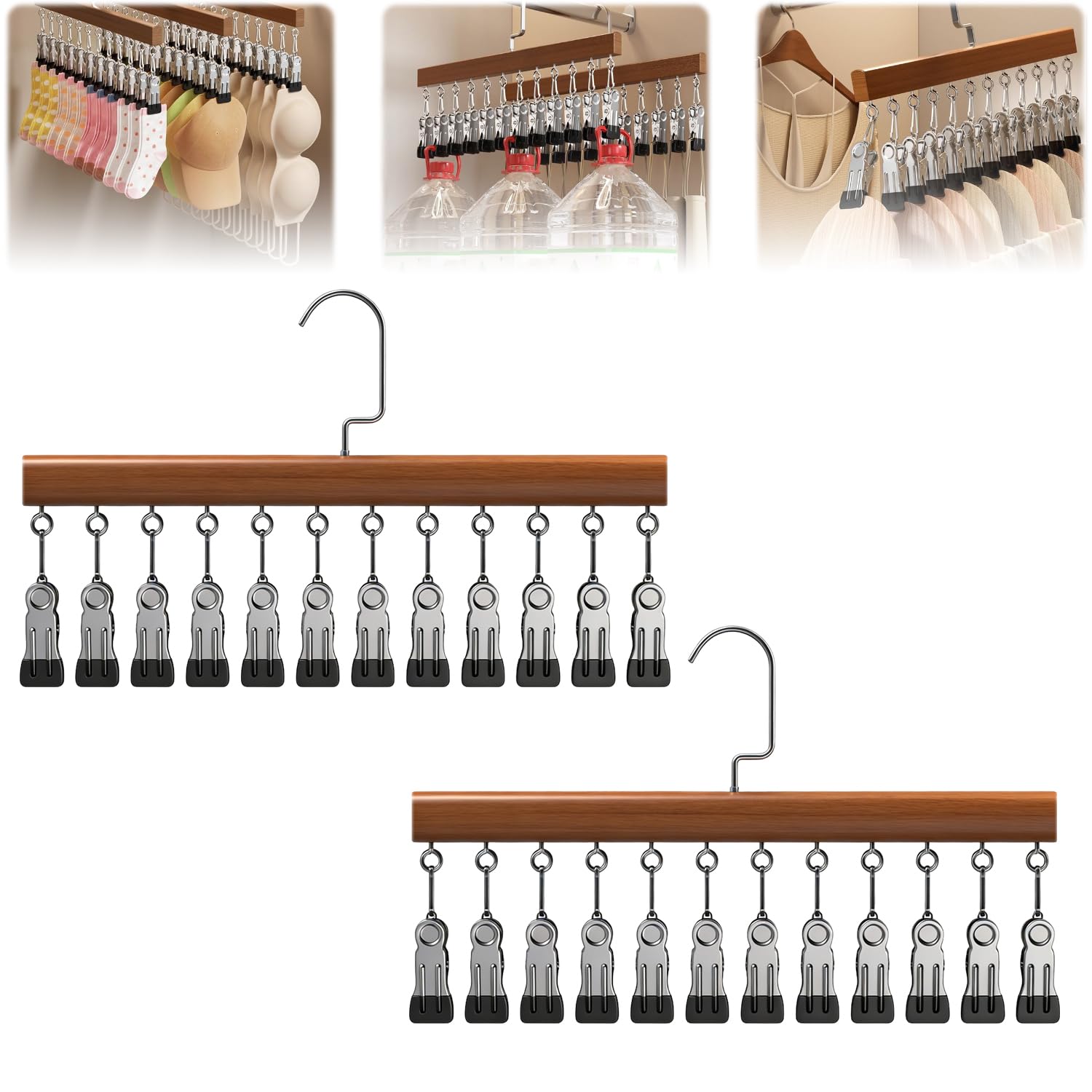 Photo 1 of 2Pcs Loset Organizer with 12 Clips,Wooden Wangers with Wlips,Wace Saving Hanging Closet Organizer,Space-Saving Hat Scarf Clothespins,Pant Hangers with Clips(Brown)