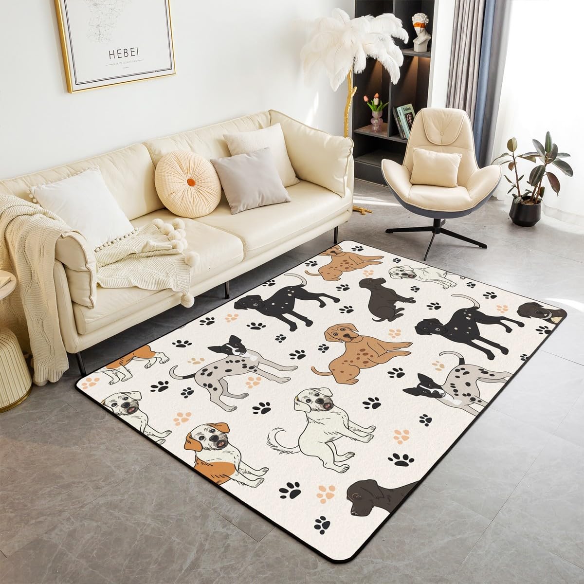 Tapis de sol d'intérieur imprimé pattes de chien 1,8x1,3m rectangulaire antidérapant pour enfants