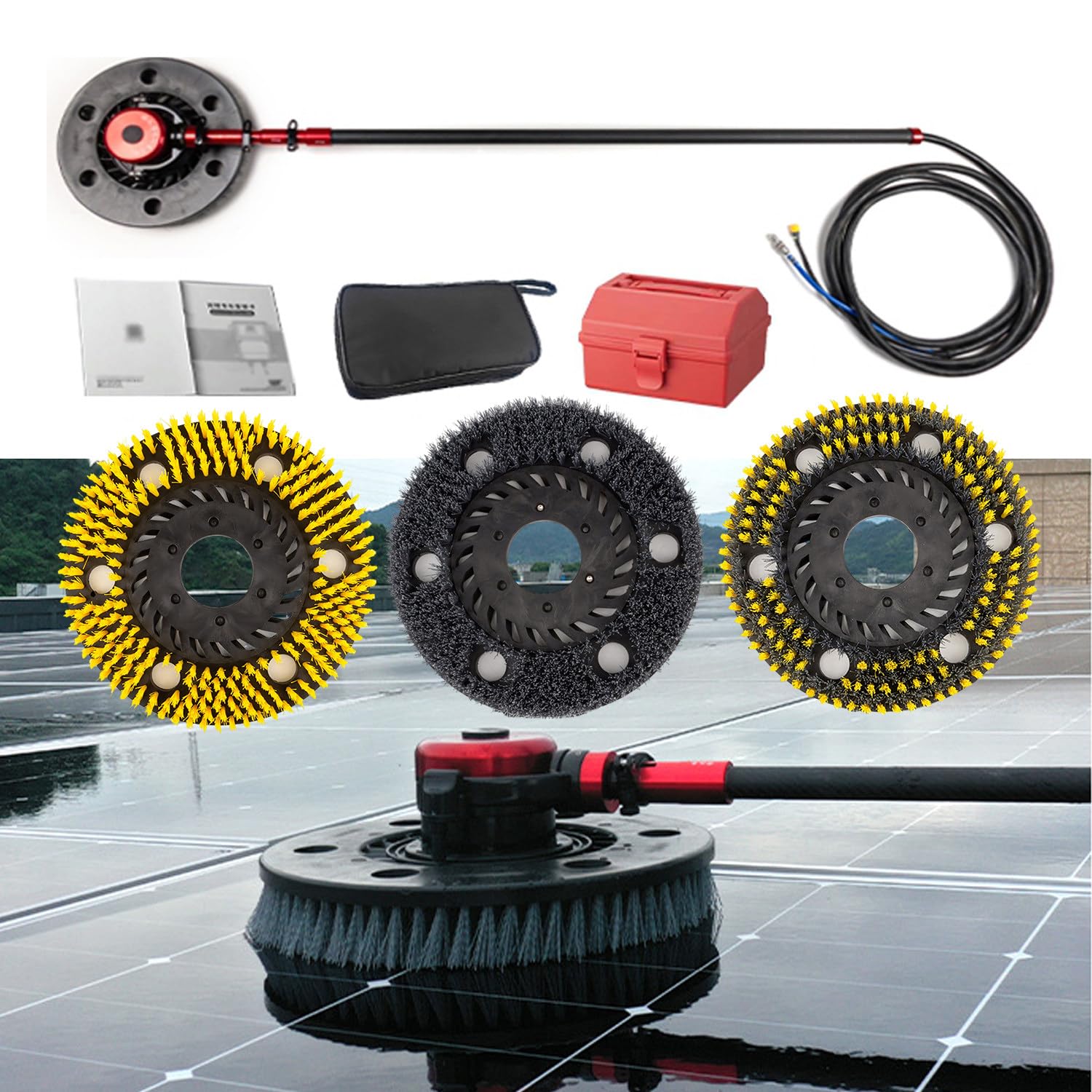 AYCDL Solar Panel Cleaning Kit with 3 Brush Types, Telescopic Rod, Brushless Motor for Efficient Outdoor Maintenance,2.4m