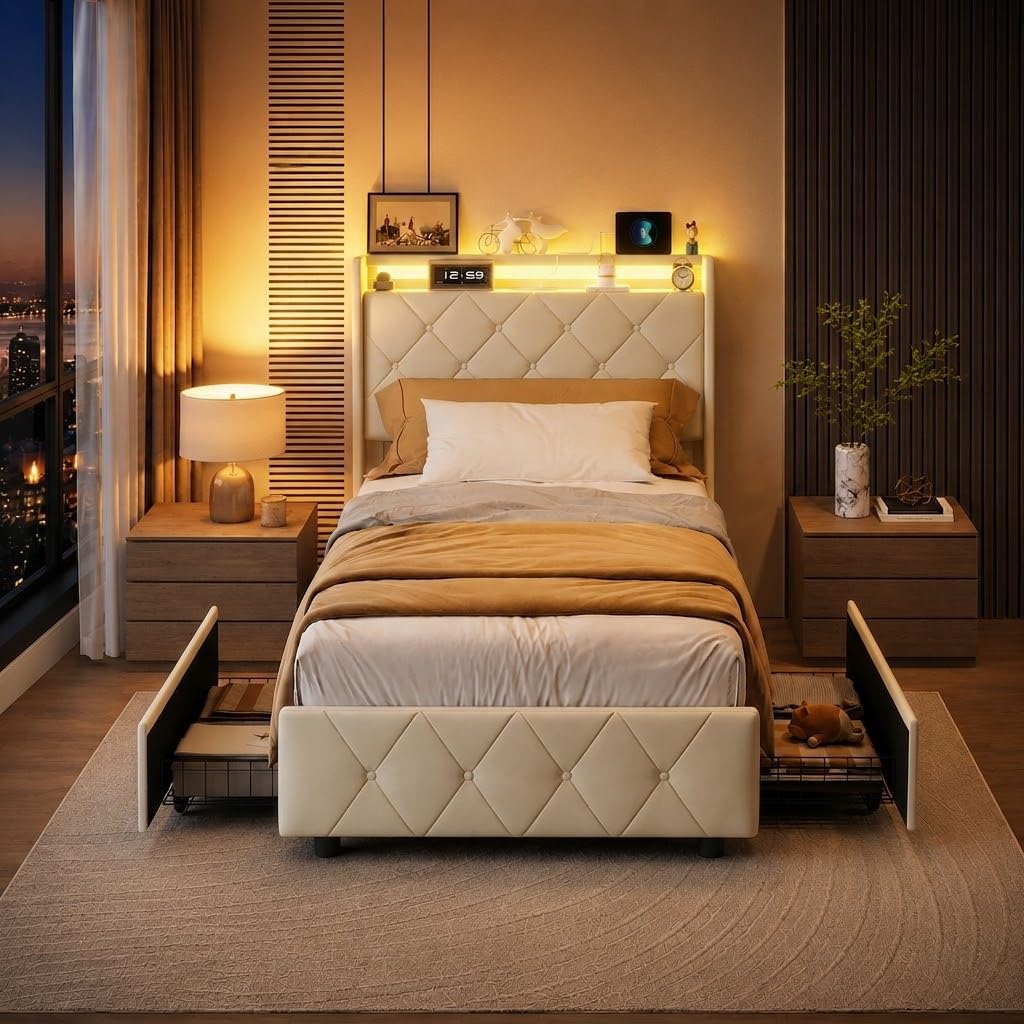 Letto Singolo 90x200 con Contenitore, Letto Imbottito con LED e Stazione di Ricarica, Struttura Letto con 2 Cassetti, Letto Funzionale con Rete e Testiera, senza Materasso, Velluto Beige