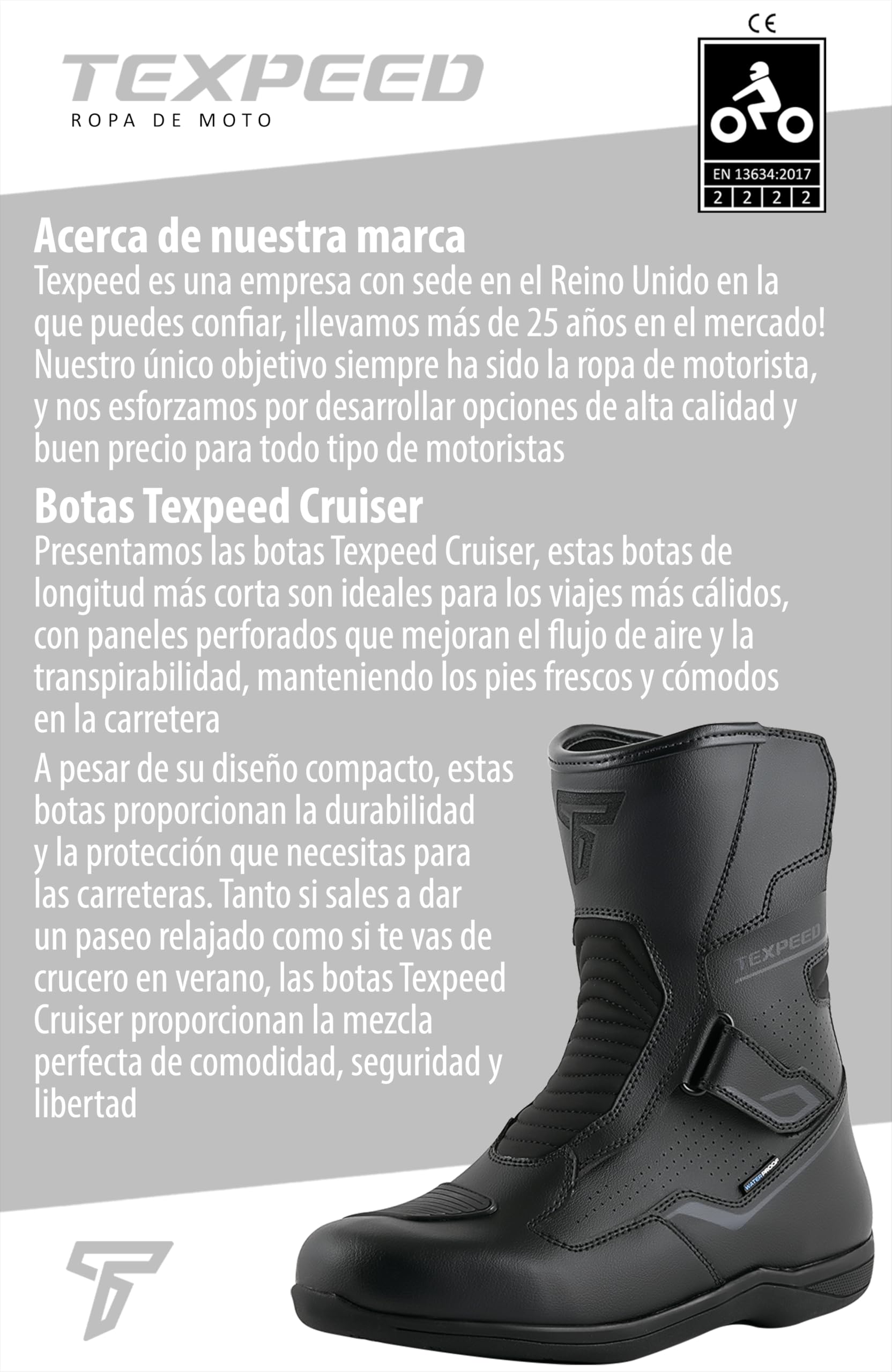 Texpeed Botas Moto Hombre Cuero - Cruiser 100% Botas De Moto Impermeables De Corte Corto Homologadas Por La CE - Negro - EU 43
