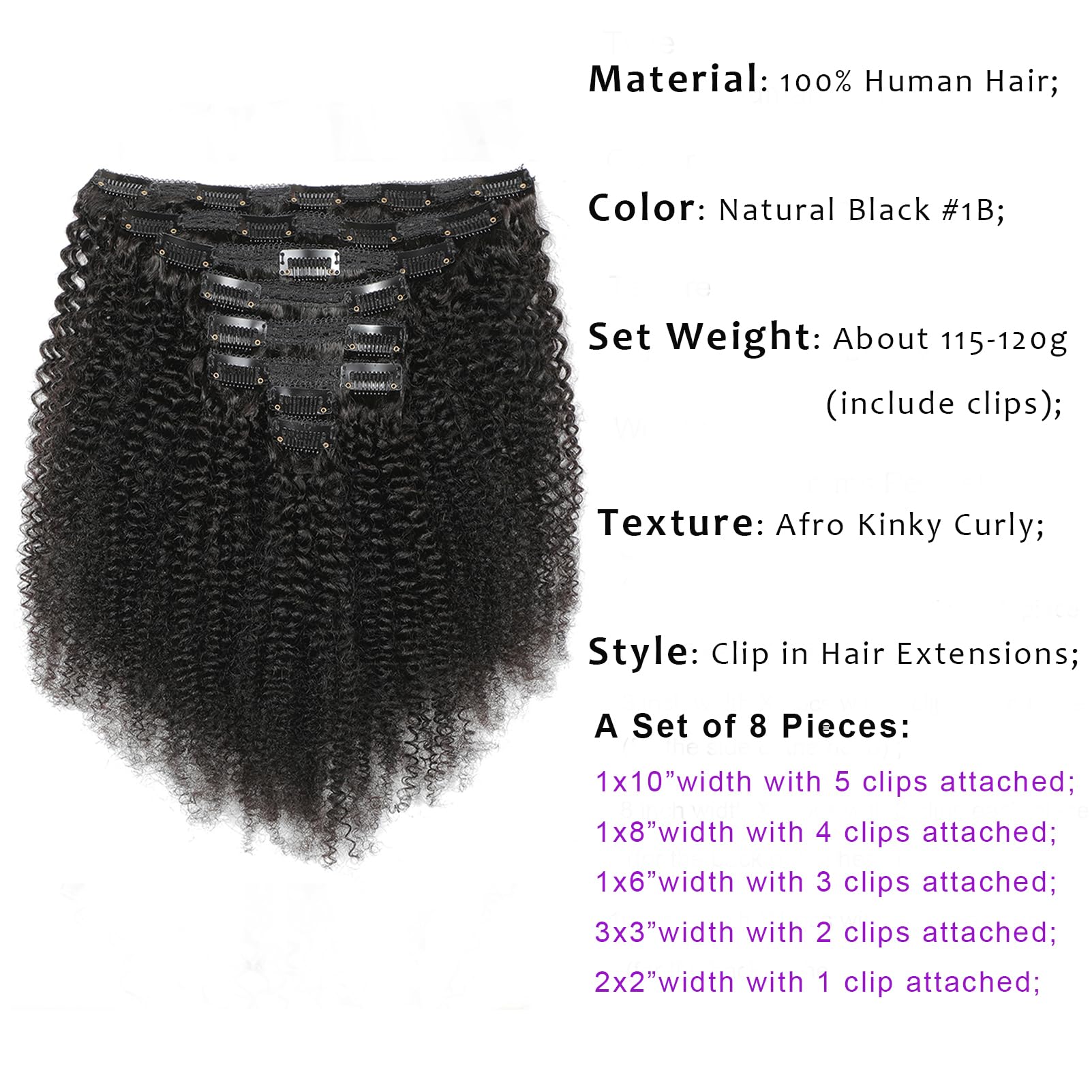 Clip-in-Haarverlängerungen aus Echthaar, Afro Kinky Curly, Natürliche Farbe, 8 Stücke, 115–120 g, 18 zoll (45 cm)