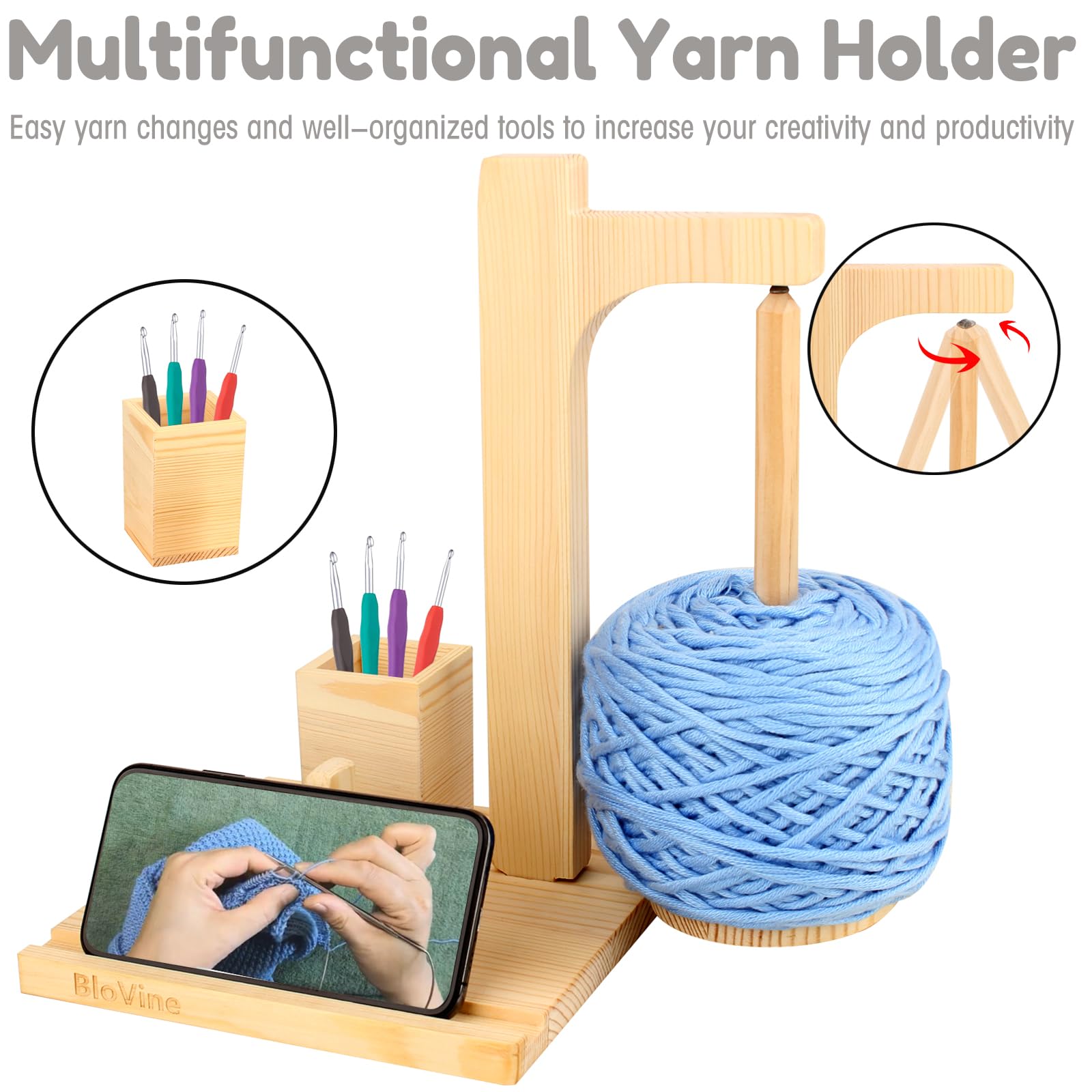 Soporte de hilo de madera para ganchillo con péndulo giratorio magnético, dispensador de bolas de hilo, con soporte para teléfono celular y organizador de ganchillo, regalo de ganchillo para tejer,