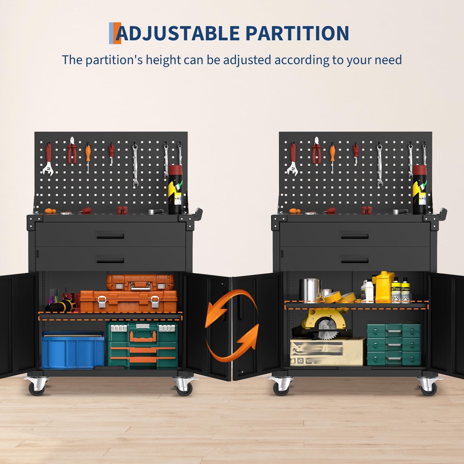 Armadietto Garage Mobile da Officina, Armadio Ufficio, 2 Cassetti Scaffali In Metallo, Pegboard, Ruote Robuste, Armadio Salvaspazio per Garage, Magazzino O Laboratorio, 80 X 42 X 90 cm