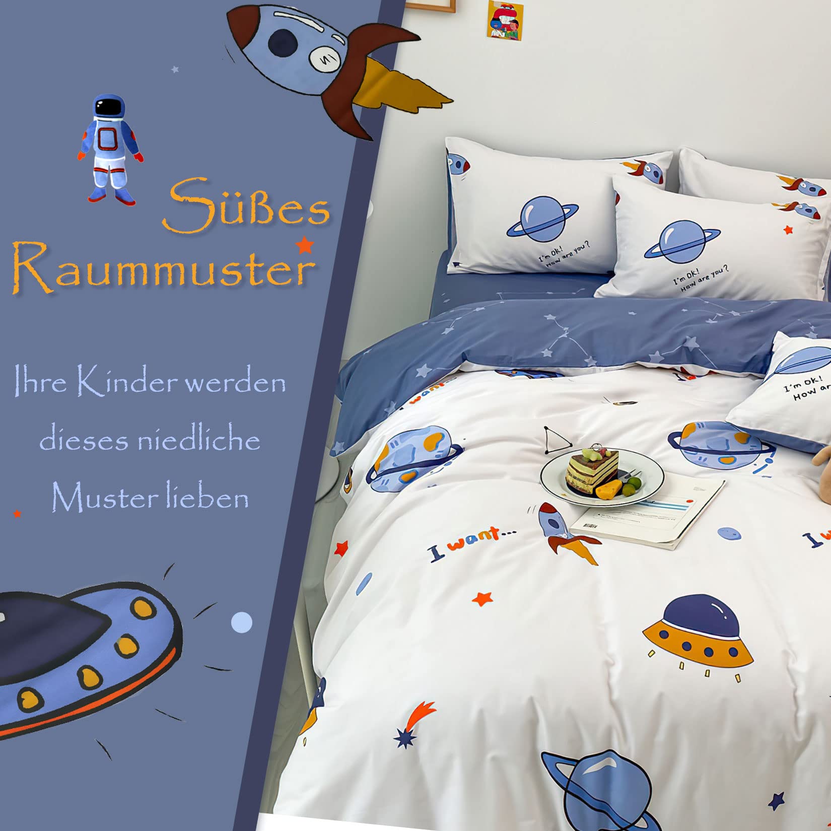 KEAYOO Kinderbettwäsche 135x200 für Jungen und Mädchen Baumwolle Weltraumreisen Thema Besttwäsche mit Süß Muster und Reißverschluss Bettwäsche 135x200cm+80x80cm 2tlg