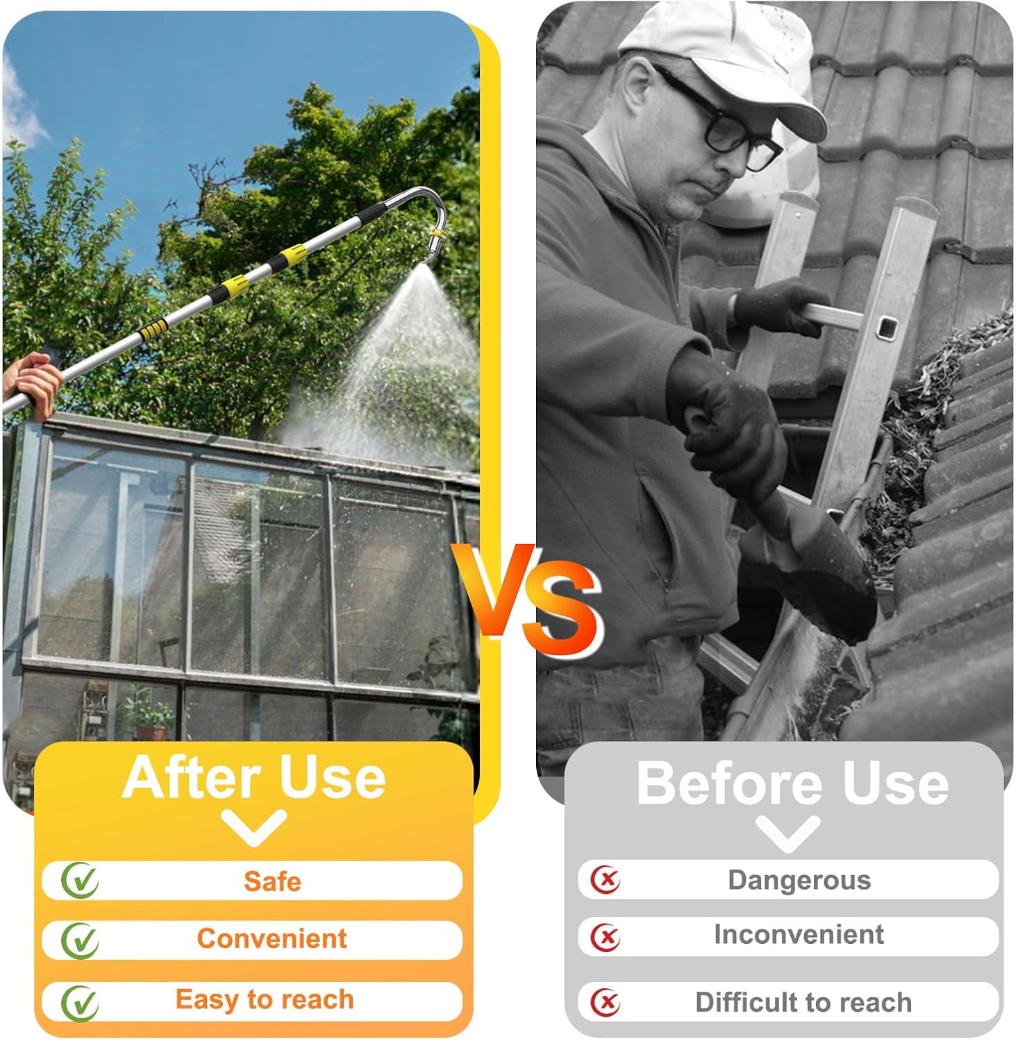 LAANPOLE Gutter Cleaning Tools from The Ground, 24FT Reach Rain Cleaner with Bendable Wand and Quick Connect Adapter