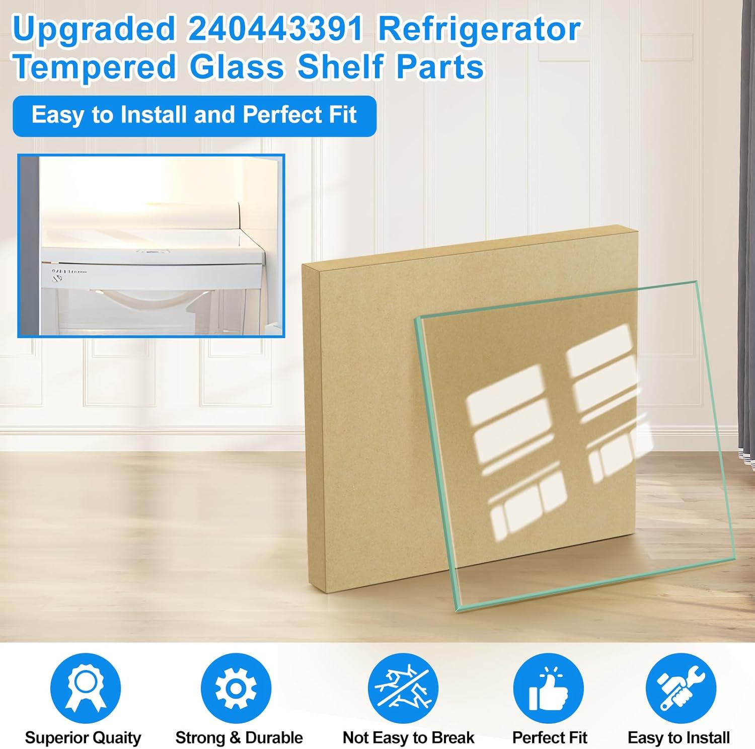 UPGRADED 240443391 Refrigerator Glass Shelf Replacement for Frigidaire Electrolux Kenmore Refrigerator Deli Drawer Cover Glass Insert,Tempered Glass Shelf Parts 240443356 241711264,Crisper Glass Shelf