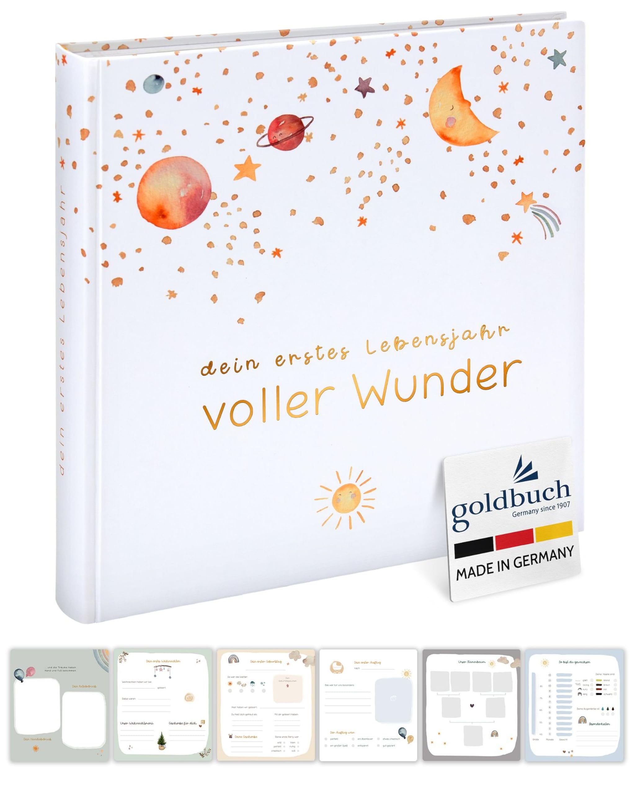 goldbuch 15 498 Babyalbum voller Wunder im Weltraum-Design, Fotoalbum mit 58 weißen Blankoseiten, Pergamin & 4 illustrierte Seiten, Baby Album Einband mit Goldprägung, ca. 30 x 31 x 4 cm, Weiß