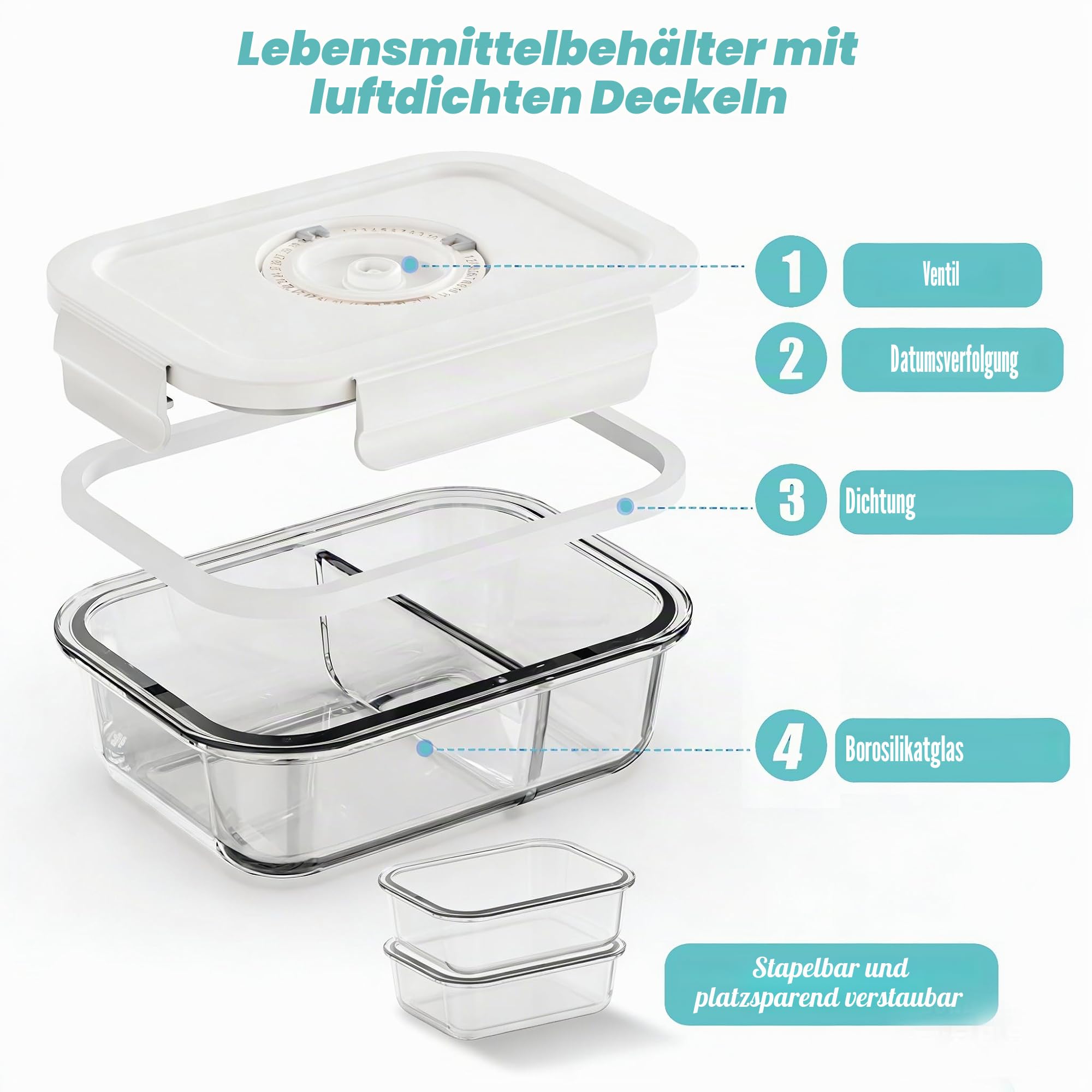 Vakuum Starterset Vorratsdosen Glas 4er Set, mit deckel Vorratsbehälterset,kühlschrank organizer,meal prep gläser - luftdicht mikrowellengeschirr BPA-frei (L)