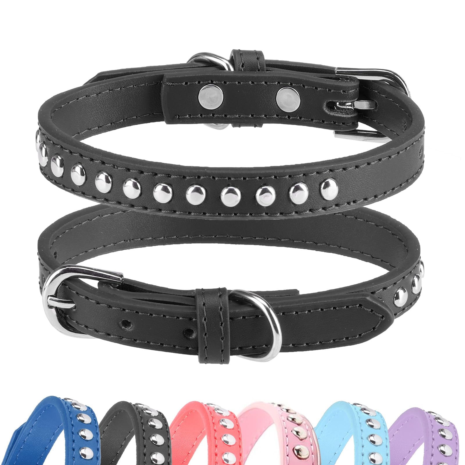 BINGPET BA2006 Real Split Leather Studded Pet Dog Collar Black