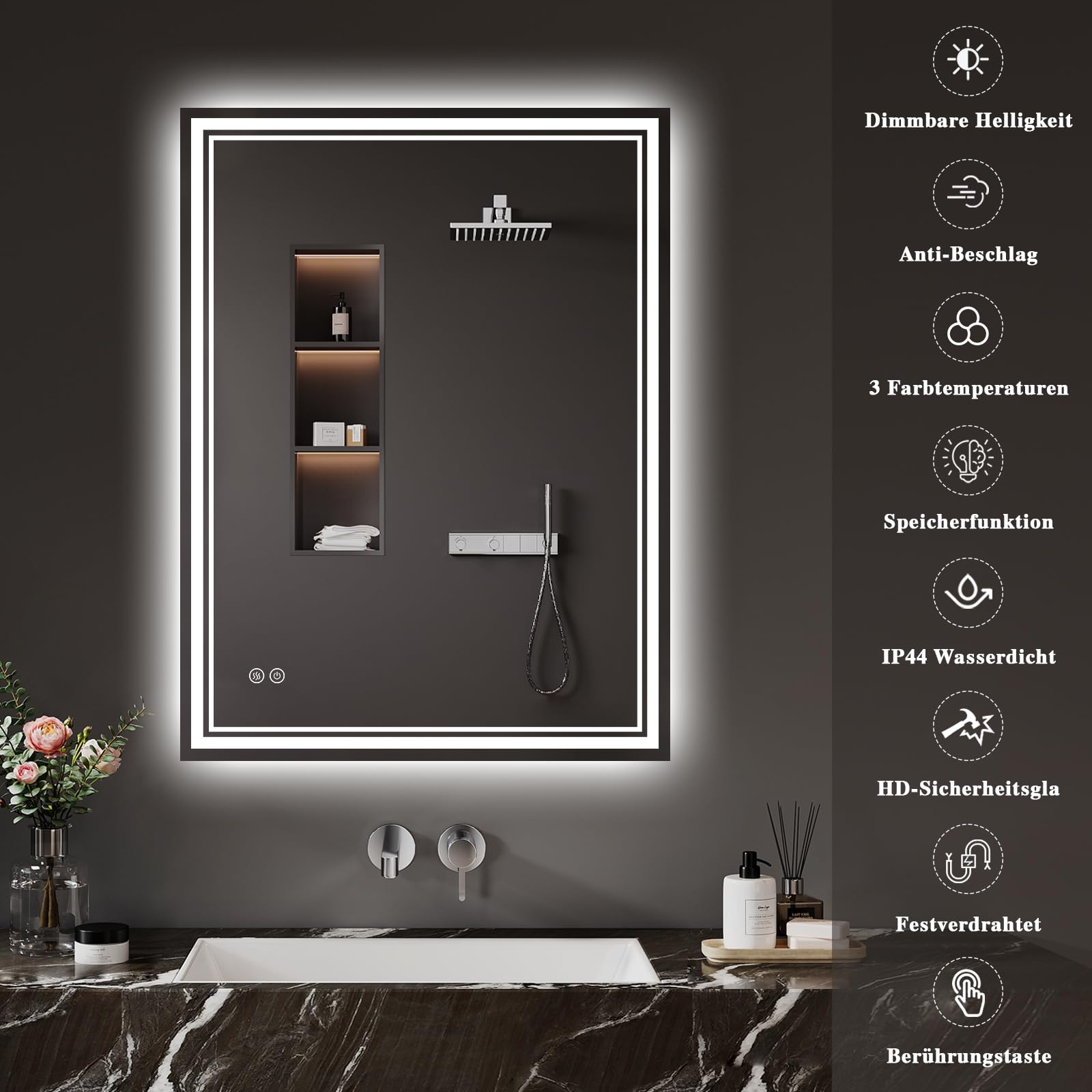 Badspiegel-mit-Beleuchtung 40x60cm - LED Badezimmerspiegel Badezimmer Spiegel mit Beleuchtung, Beschlagfrei, Touch-Schalter, 3 Lichtfarben - Bad Spiegel mit Licht Horizontal/Vertikal