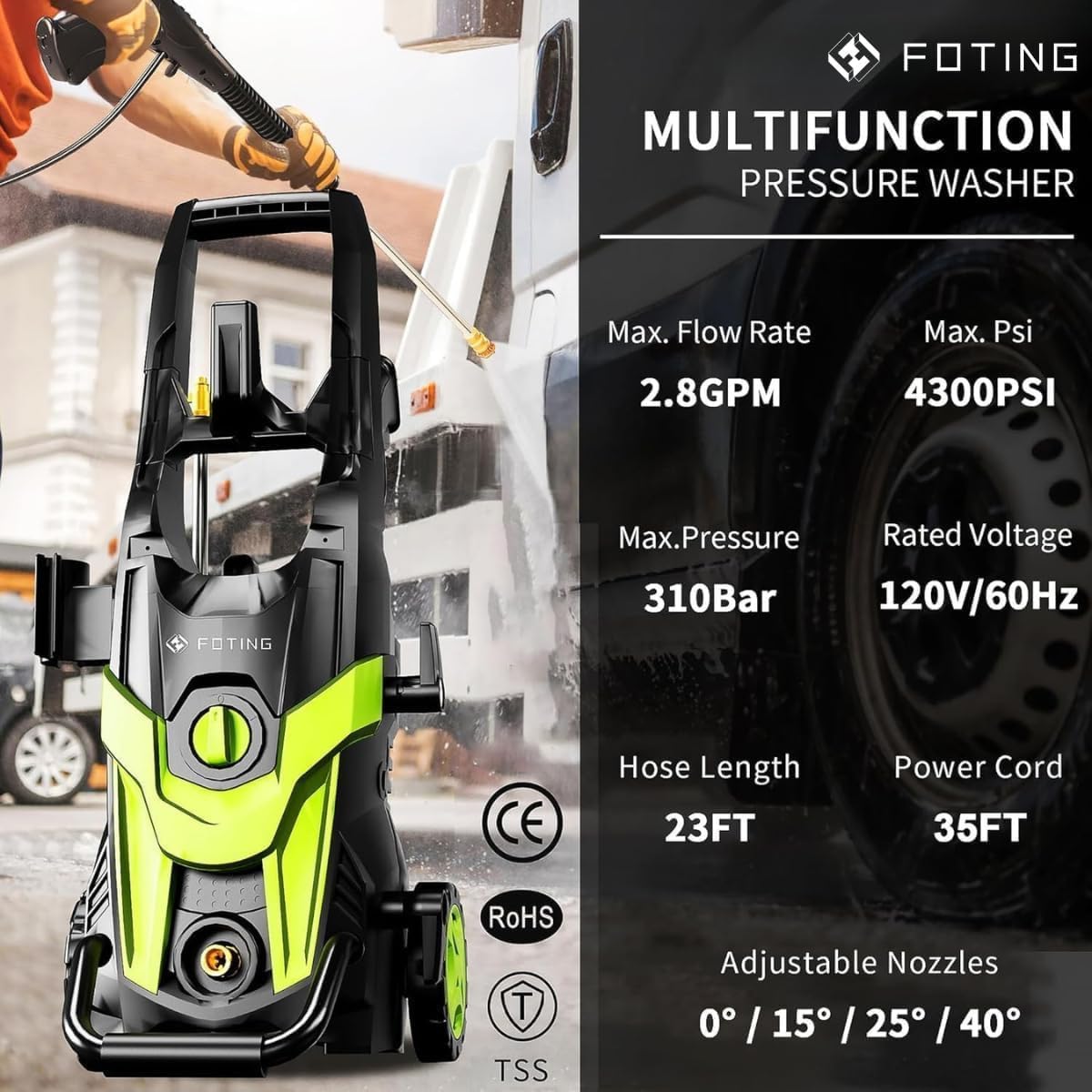 2026Upgraded Pressure Washer 4300PSI 2.8GPM with 4 Quick Connect Nozzles, Foam Cannon & Inlet Hose & Filter for Cars/Fences/Driveways/Home Cleaning, Green — view 2