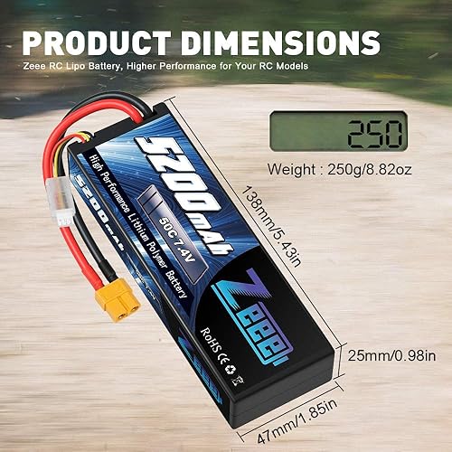 Miniatura 4 de Zeee 2S Lipo Battery 5200mAh 7.4V 50C Estuche rígido Batería XT60 Conector 2 baterías con 1 bolsa de seguridad Lipo Bolsa ignífuga a prueba de