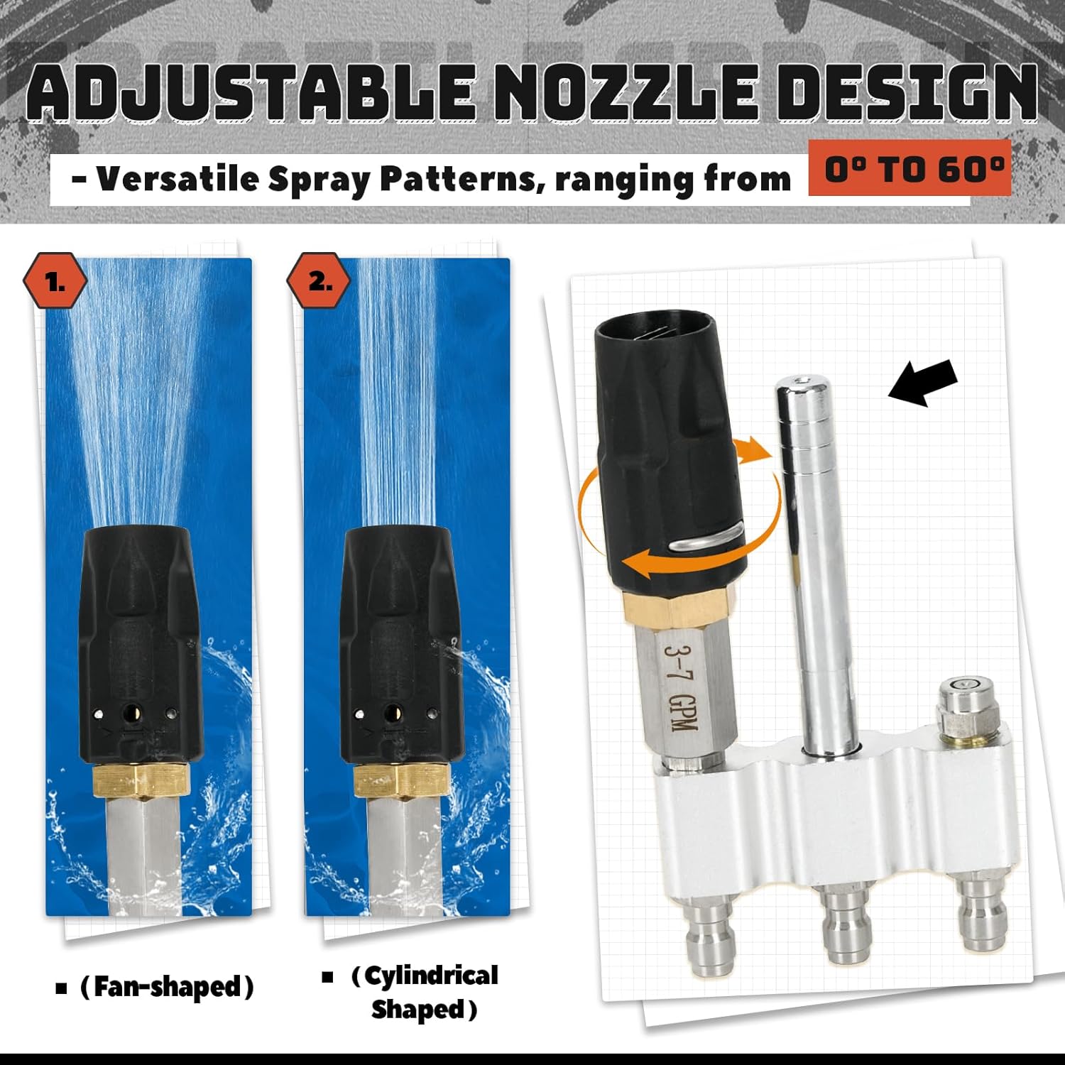 3-in-1 Downstream Soft Wash Nozzle, Adjustable Shooter Tip M5 Twist Nozzle, 0-60° Spray Pattern with 1/4 Quick Connect for 3-7 GPM 1700-6000 PSI Pressure Washer