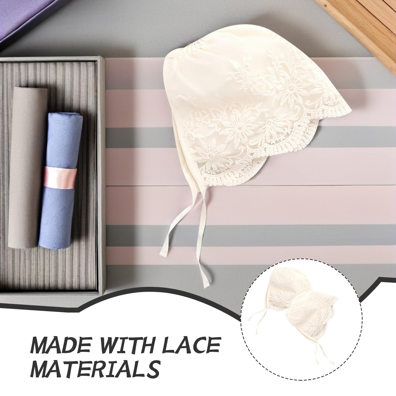 SOLUSTRE 2 Pezzi Cappellini Neonata in Pizzo Beige, Morbidi e Traspiranti, per Battesimi e Cerimonie, Eleganti per Bambina