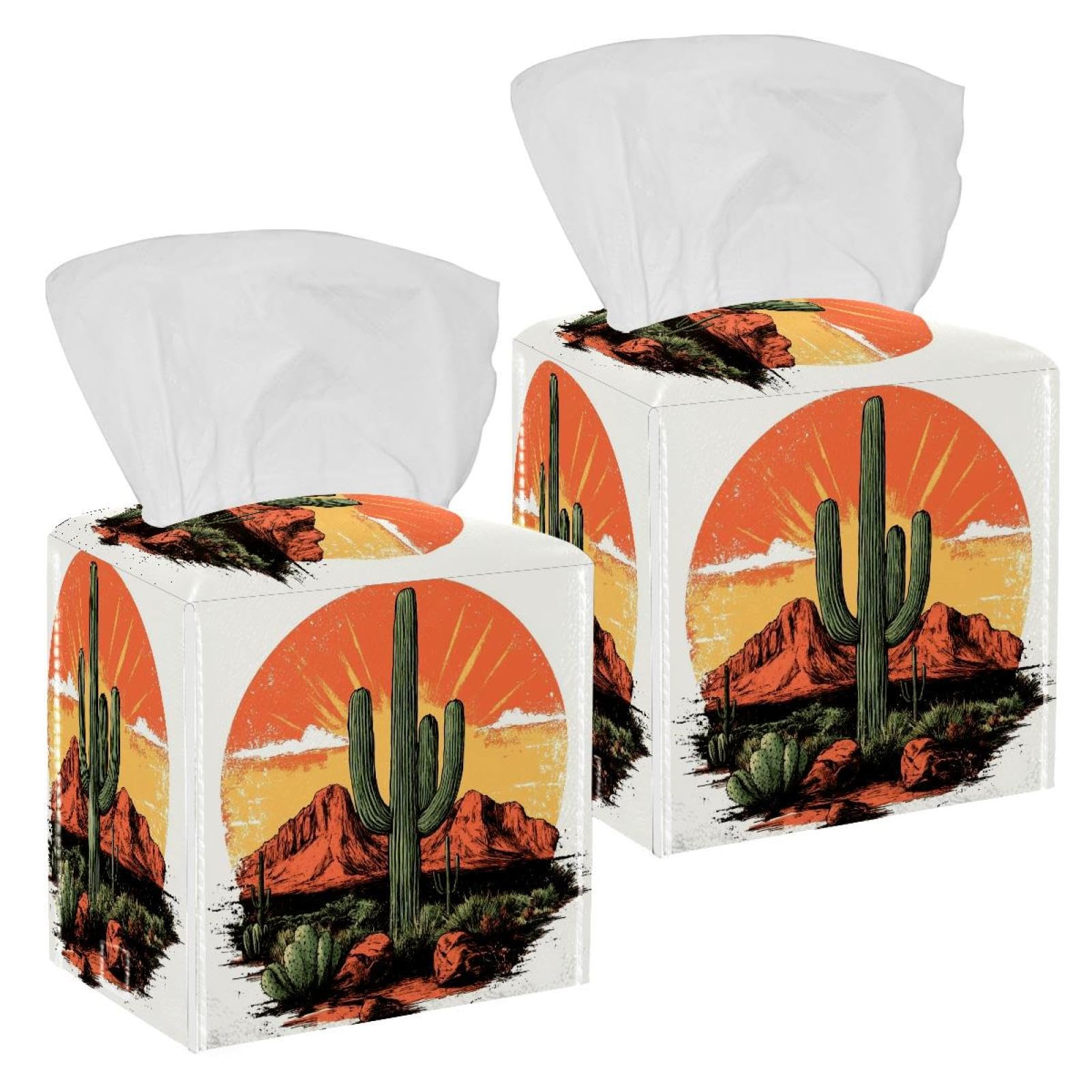 Boîte à mouchoirs de voiture et salon : lot de 2 rangements en cuir imprimé cactus