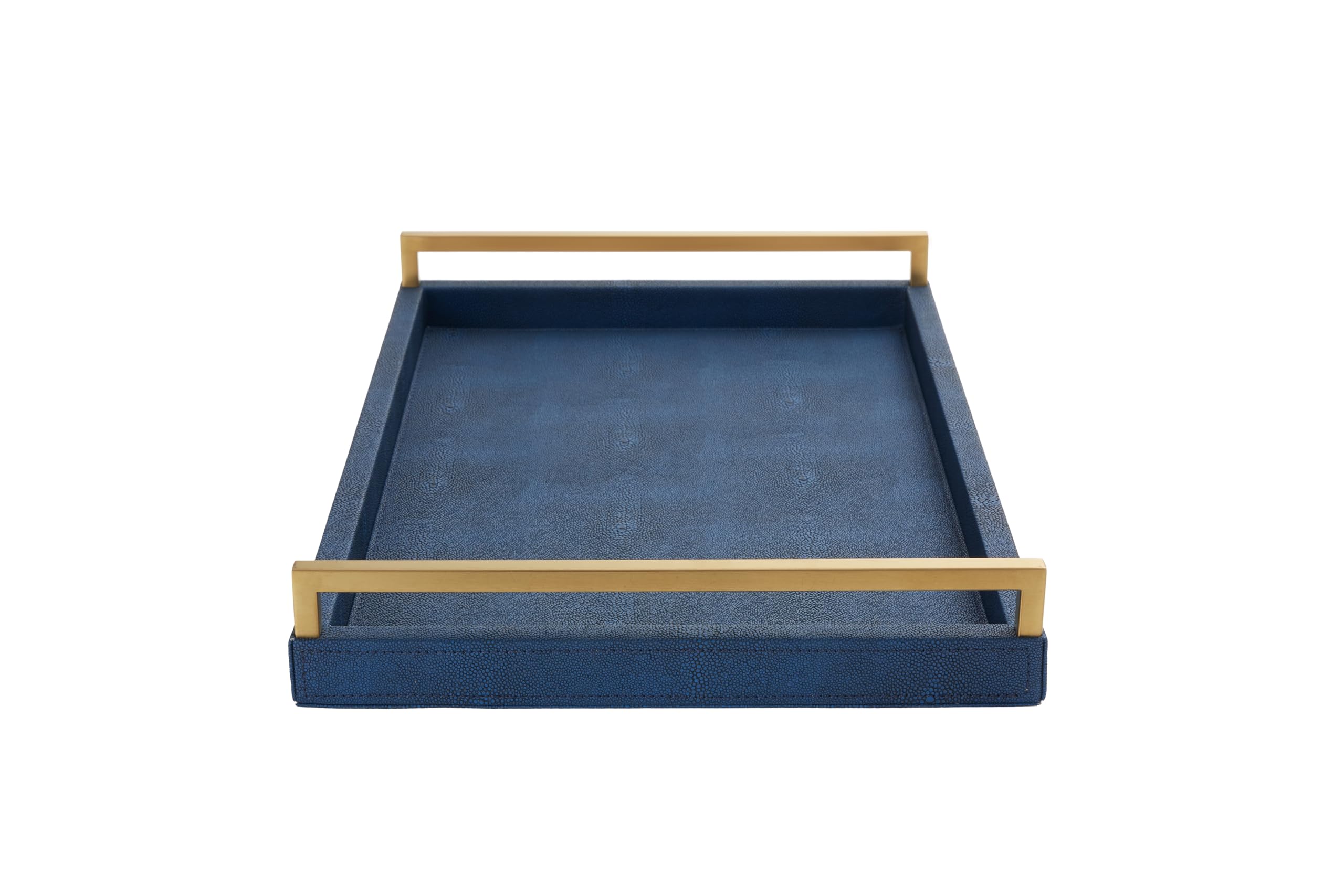 Navy Blue Ottoman Shagreen Leather Coffee Table Tray - Decorative Large Serving Tray With Gold Handles for Dining, Bar, Party, Kitchen Island, Bathroom Vanity