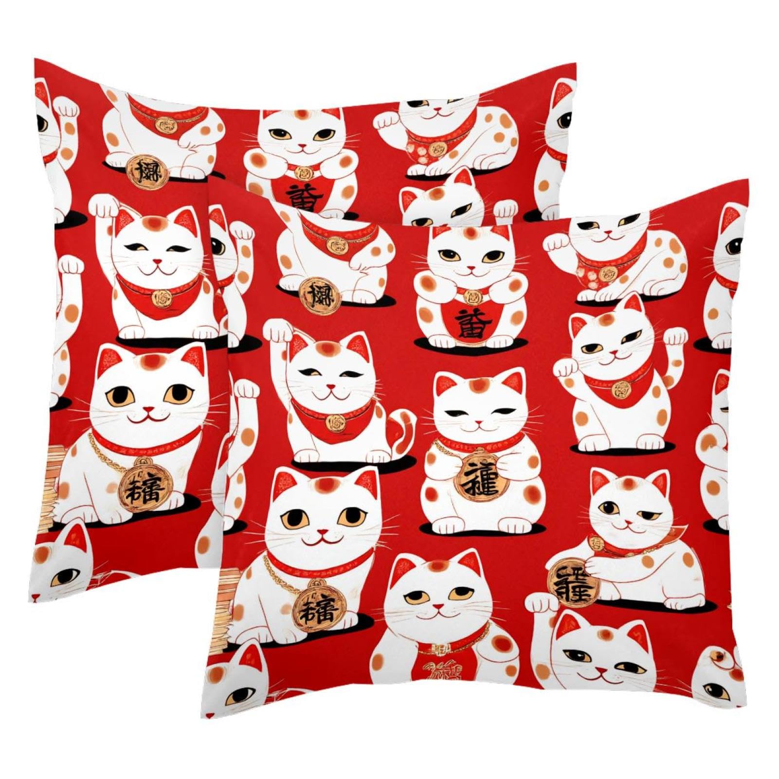 Housse de coussin en velours doux rouge et chat de la fortune de qualité supérieure